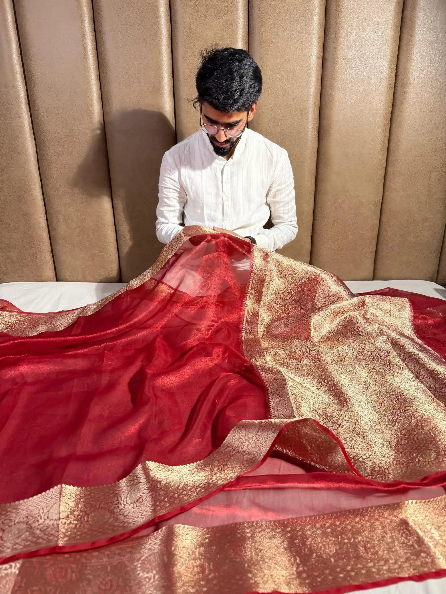 Carmine Red Pure Tissue Silk Banarasi Saree