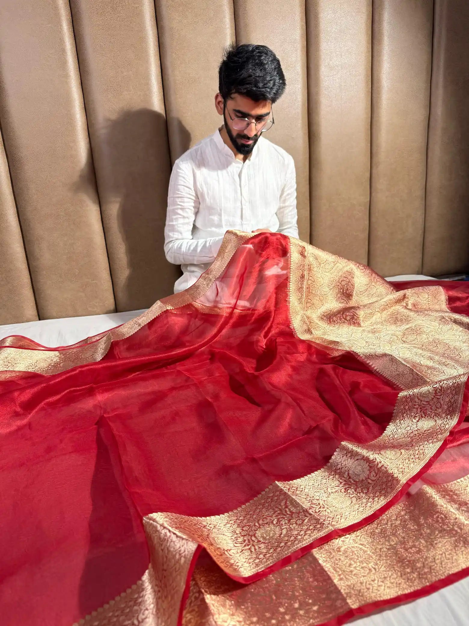 Carmine Red Pure Tissue Silk Banarasi Saree