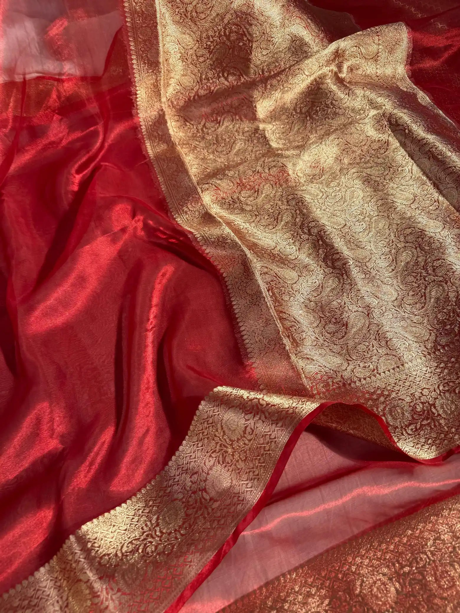 Carmine Red Pure Tissue Silk Banarasi Saree