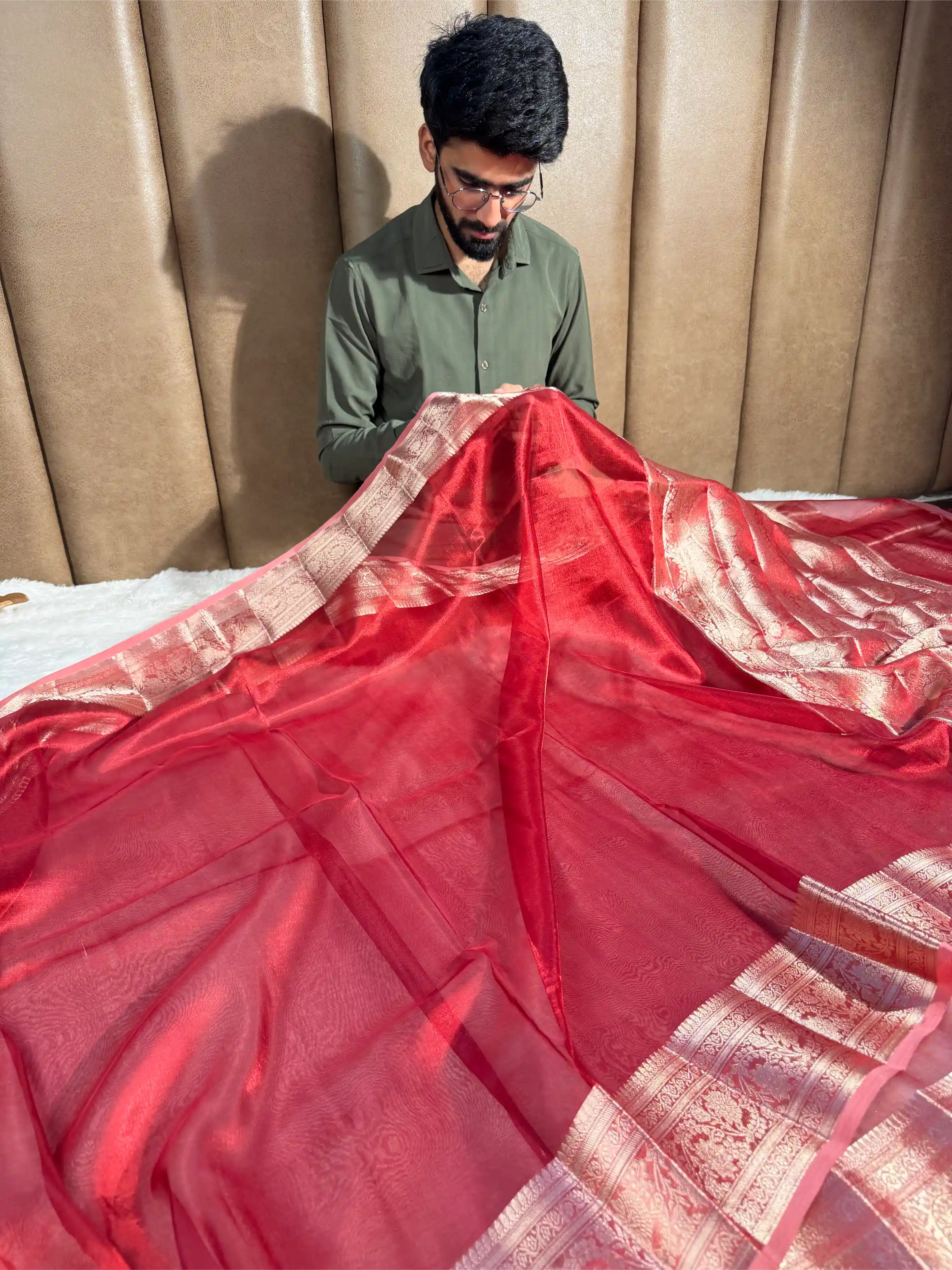 Carmine Red Pure Tissue Silk Intricate Banarasi Saree