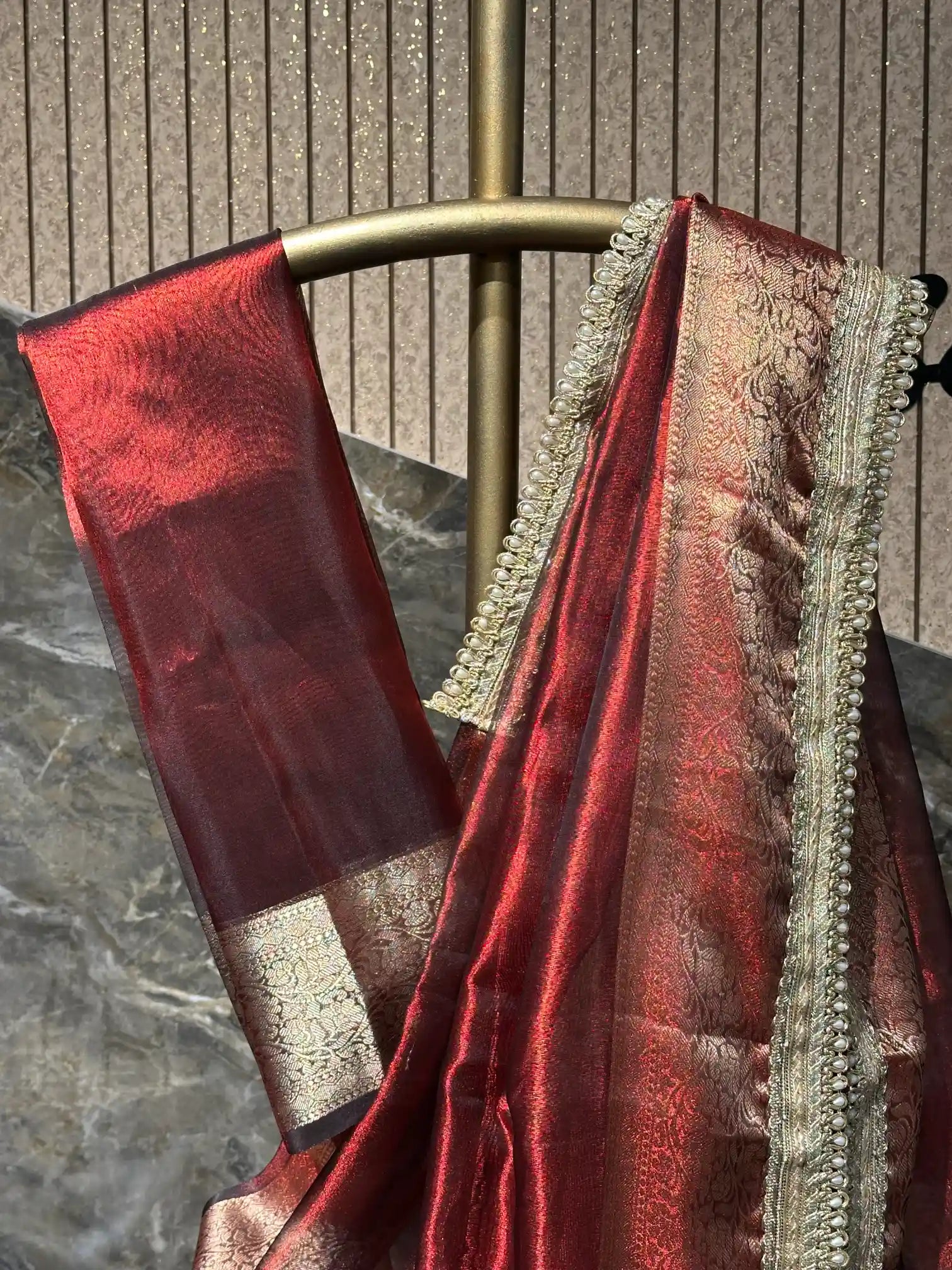 Ready To Wear Carmine Red Soft Tissue Silk Banarasi Saree with Premium Lace