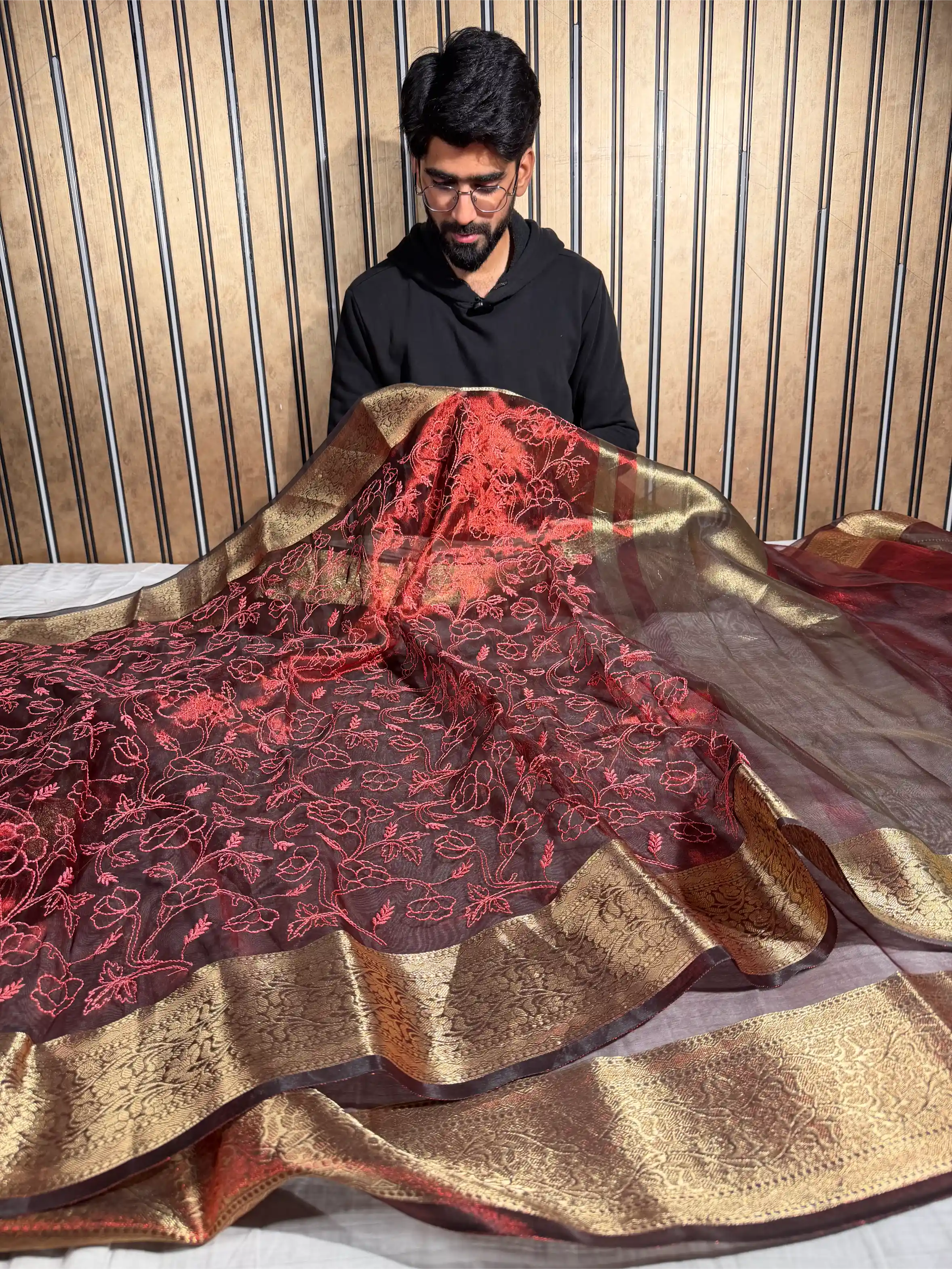 Carmine Red Tissue Silk Chikankari Embroidery Banarasi Saree