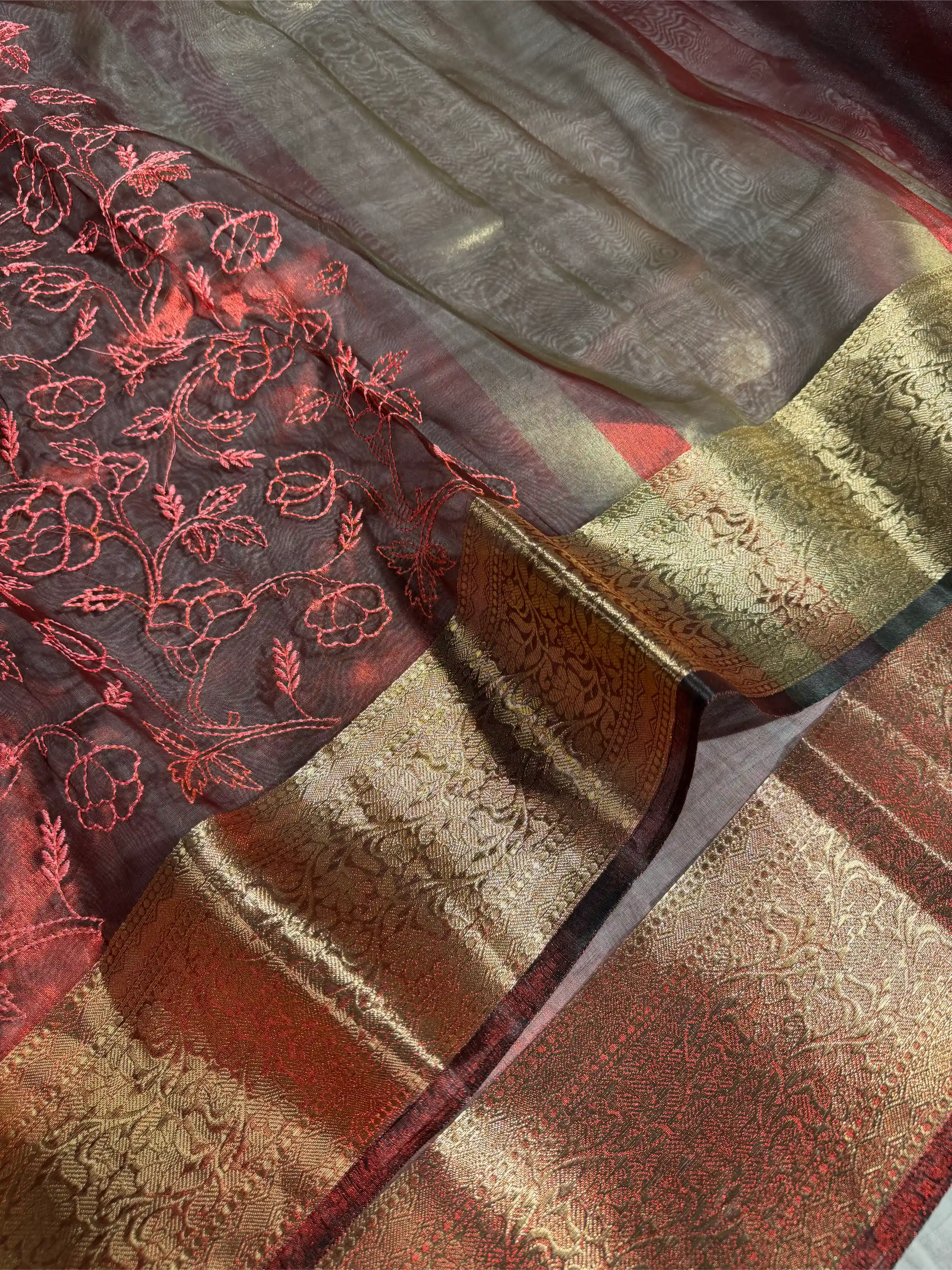 Carmine Red Tissue Silk Chikankari Embroidery Banarasi Saree