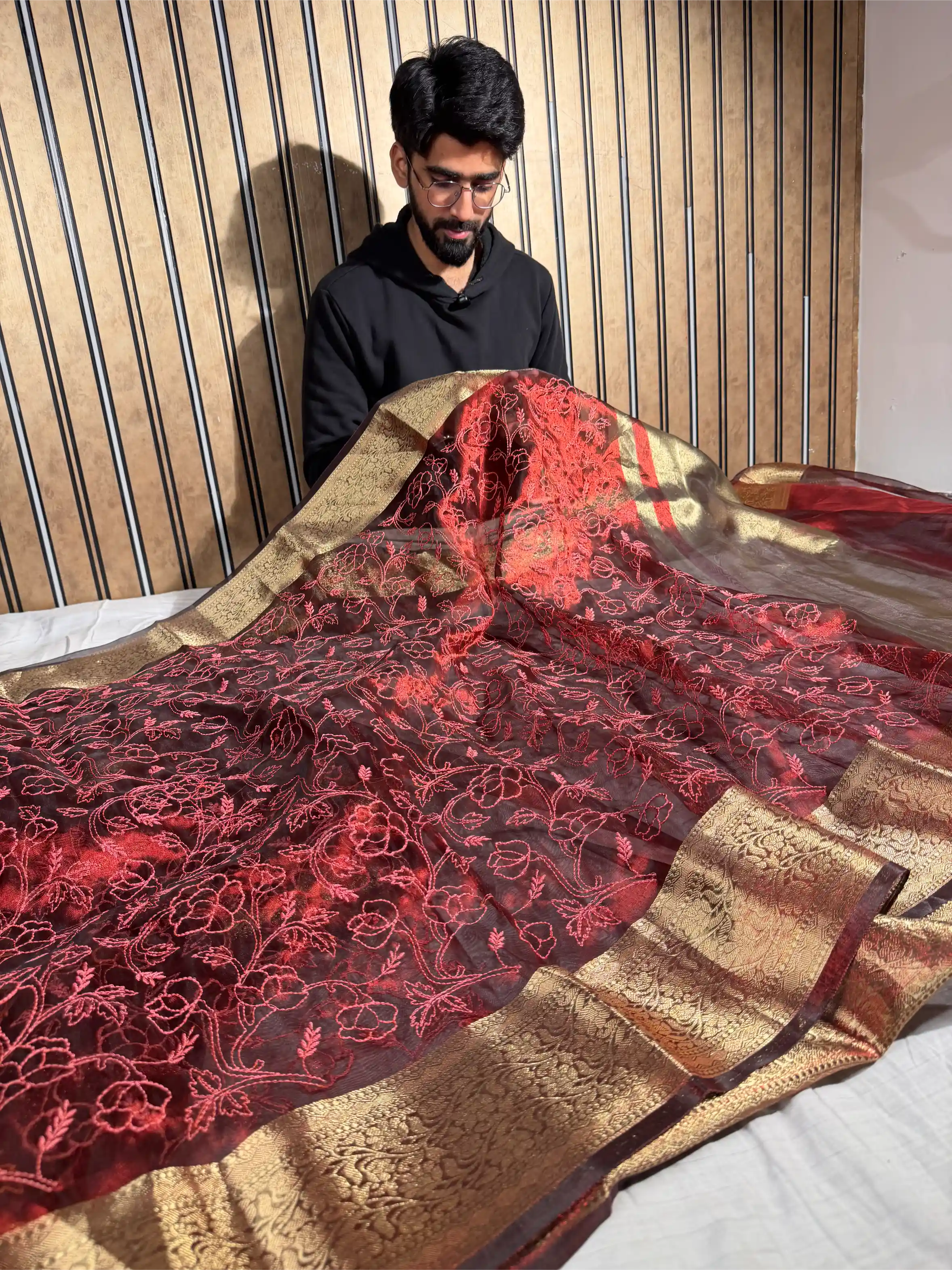 Carmine Red Tissue Silk Chikankari Embroidery Banarasi Saree