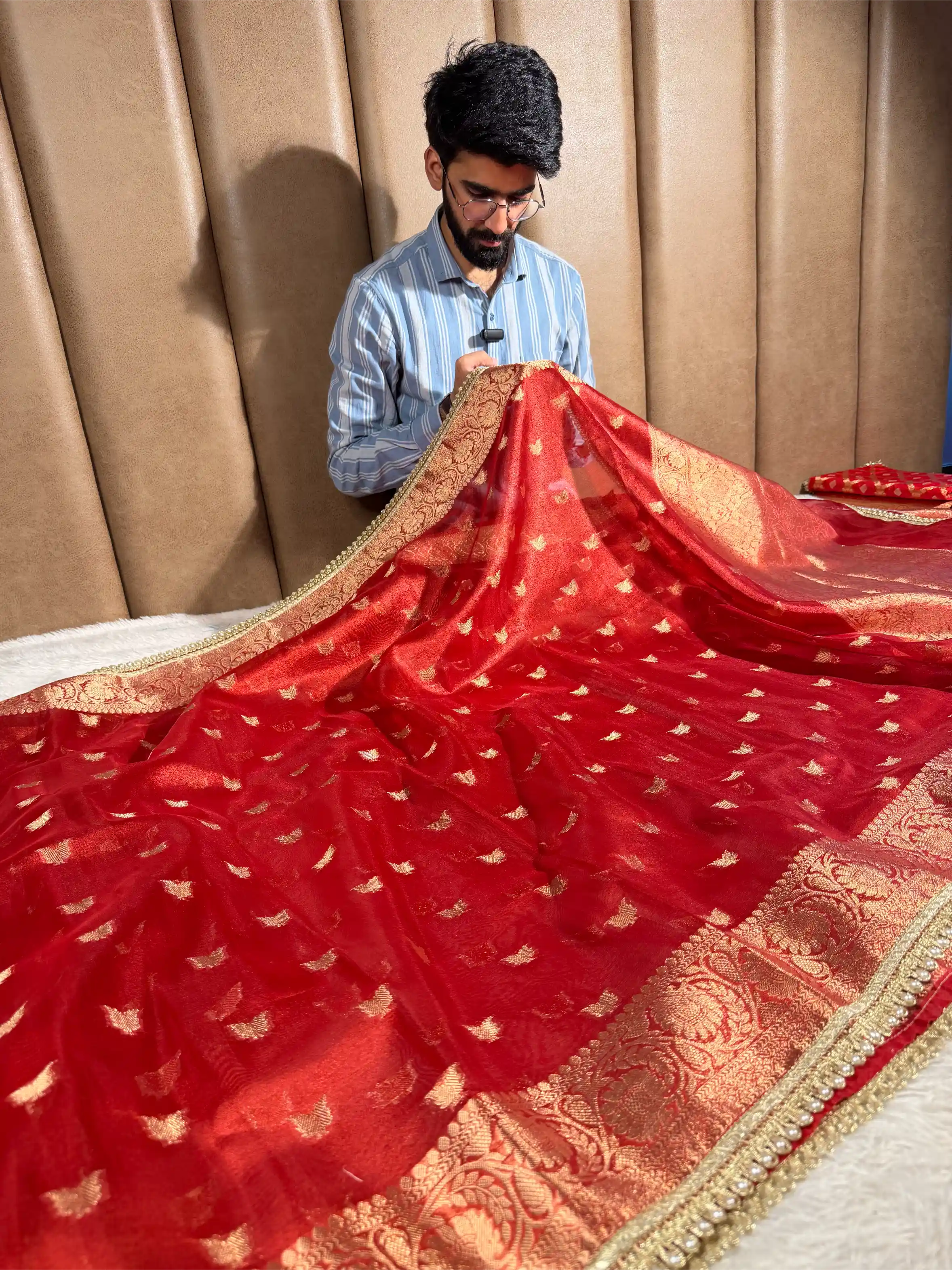 Carmine Red Tissue Silk Designer Lace Work Banarasi Saree