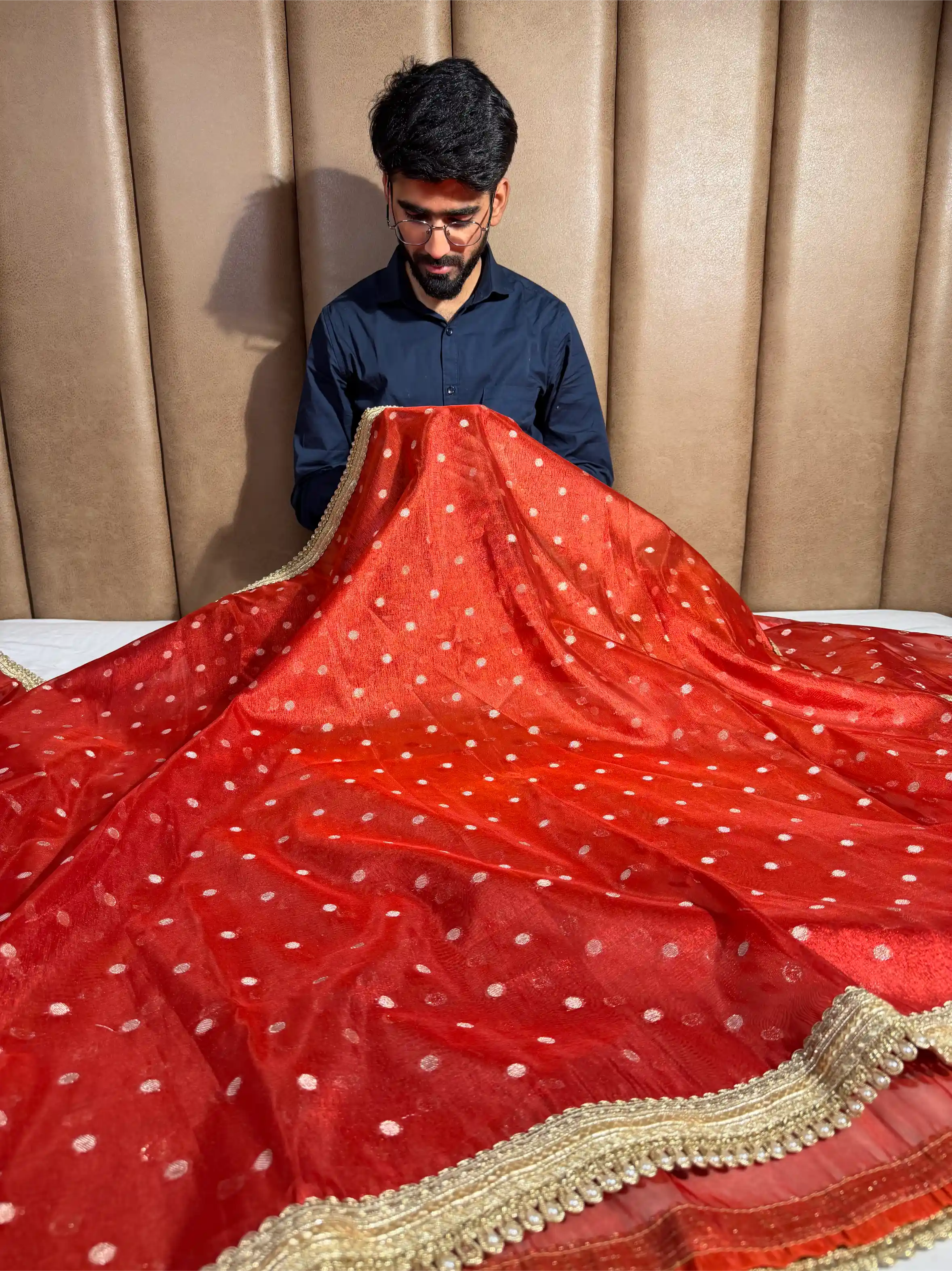 Carmine Red Tissue Silk Polka Dots Weave Lace Work Banarasi Saree