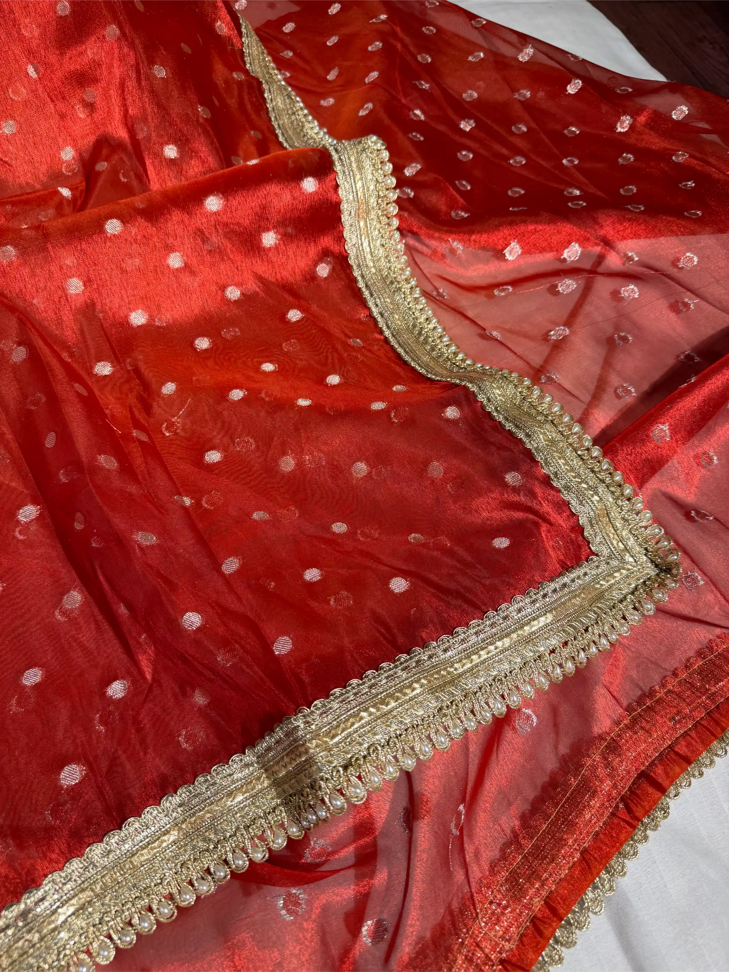 Carmine Red Tissue Silk Polka Dots Weave Lace Work Banarasi Saree