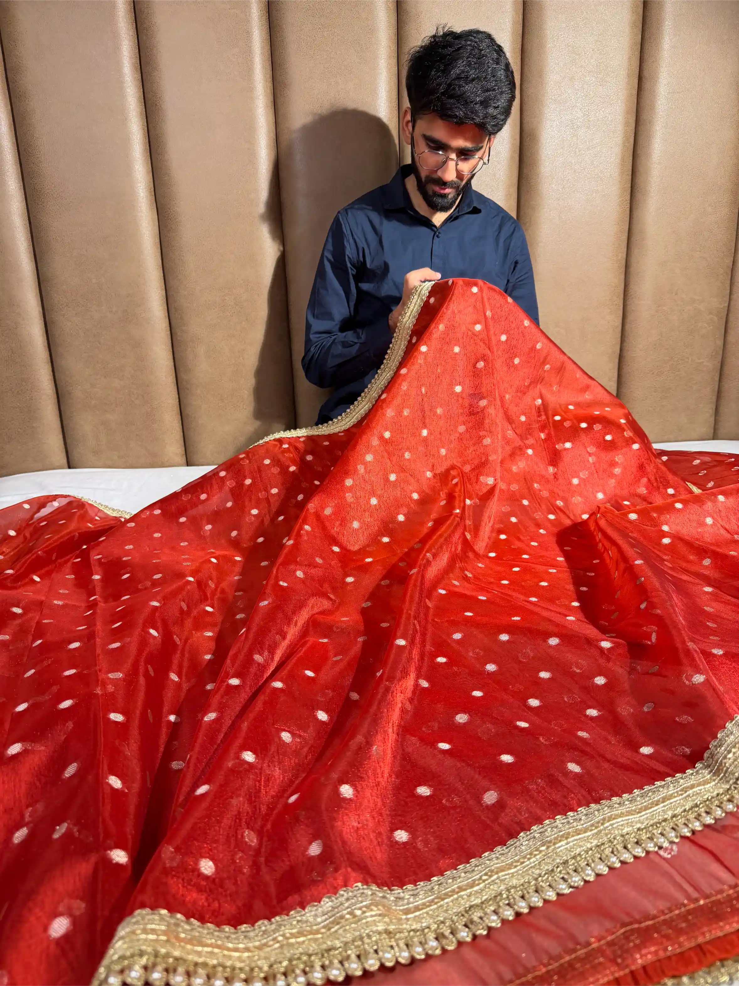 Carmine Red Tissue Silk Polka Dots Weave Lace Work Banarasi Saree