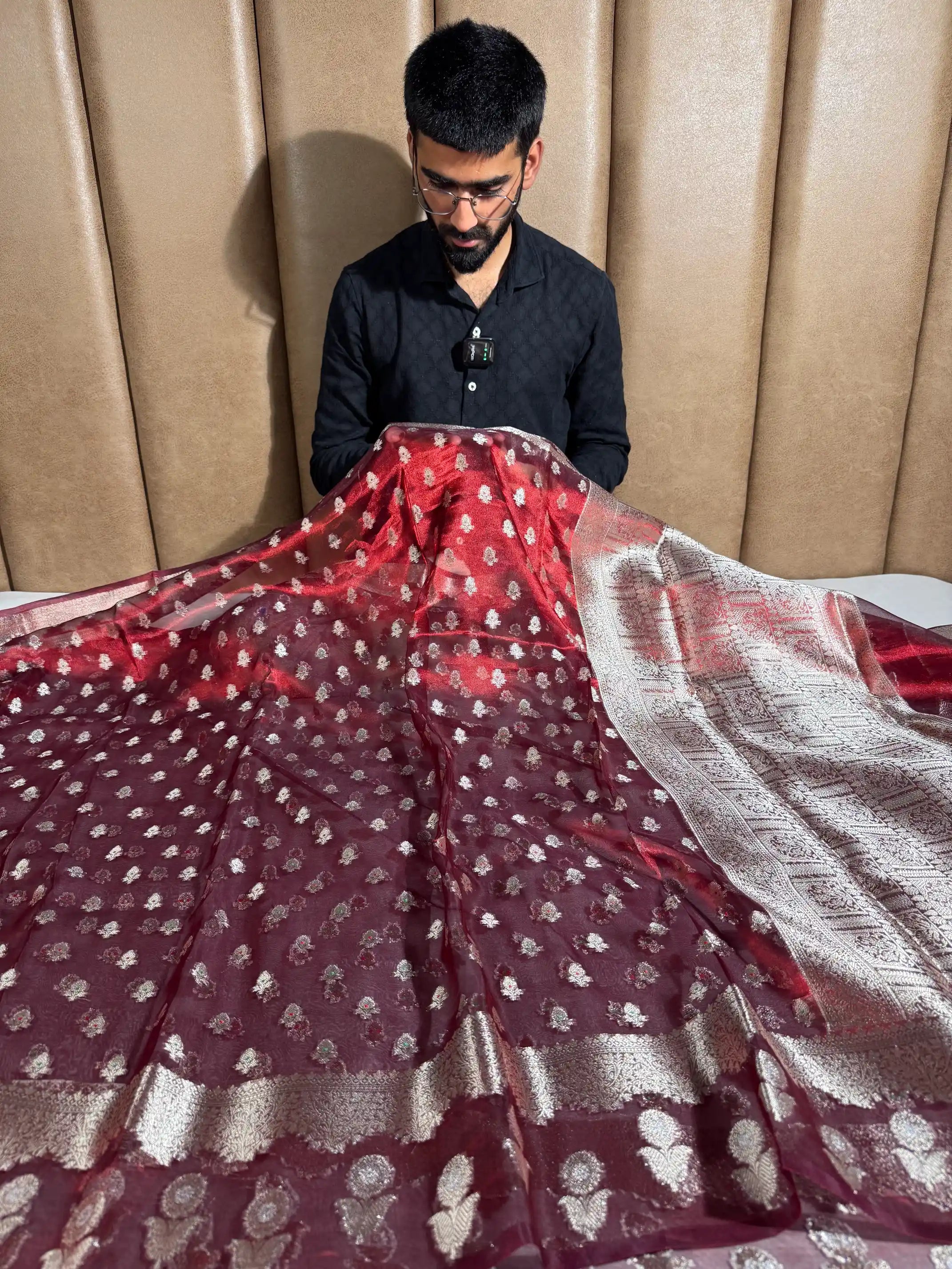 Carmine Maroon Pure Tissue Silk Zari Buti Weave Banarasi Saree