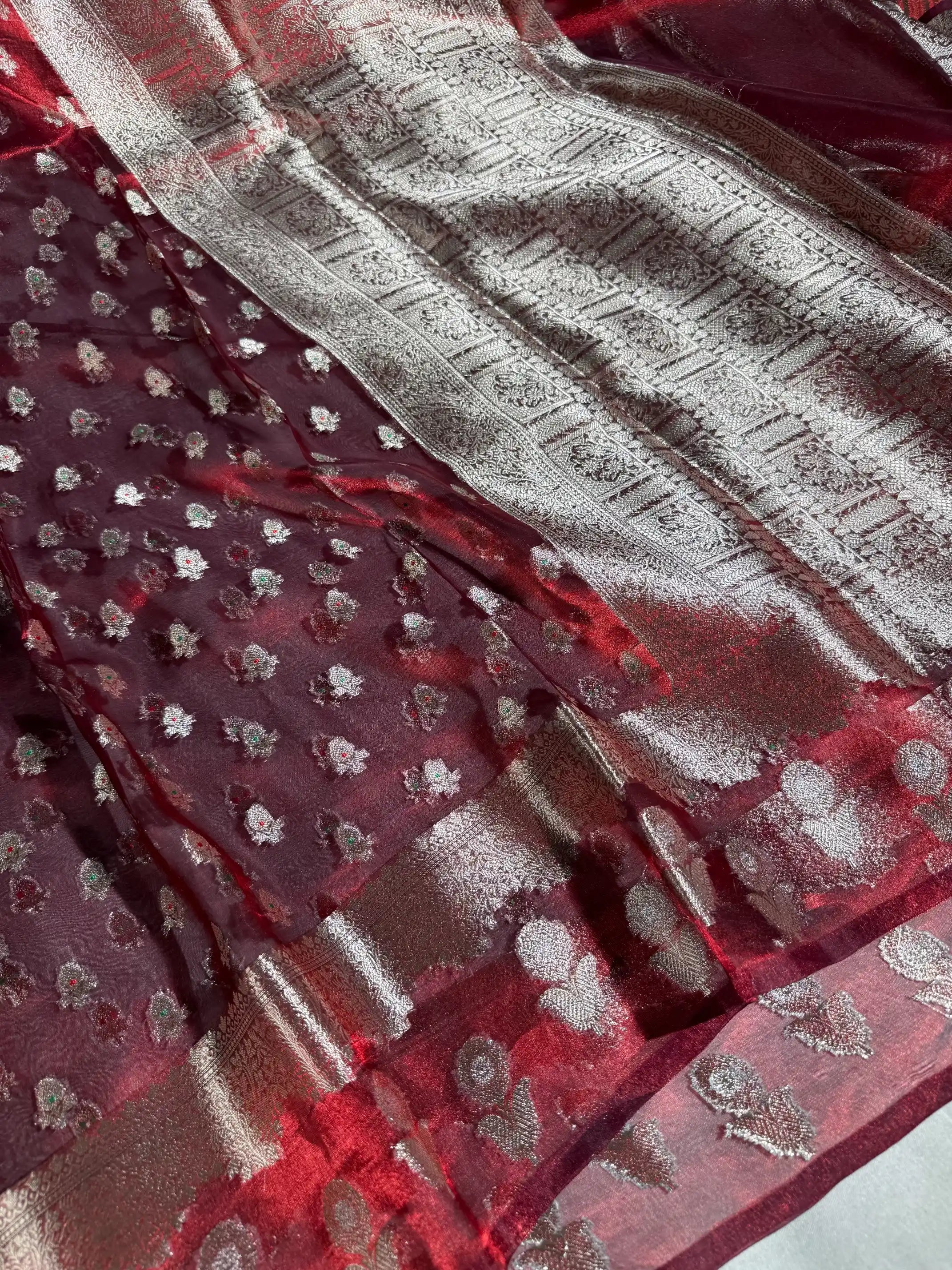 Carmine Maroon Pure Tissue Silk Zari Buti Weave Banarasi Saree