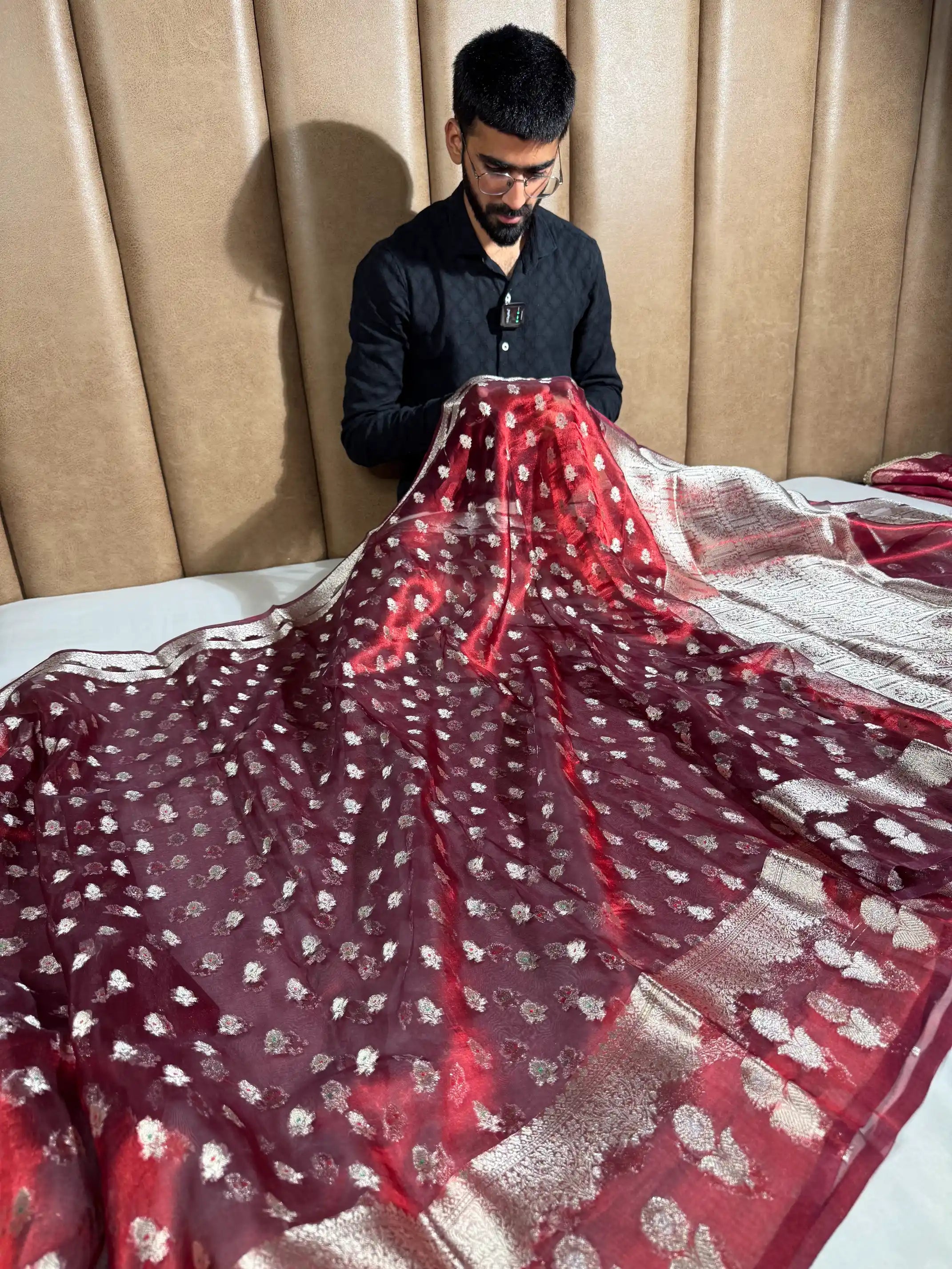 Carmine Maroon Pure Tissue Silk Zari Buti Weave Banarasi Saree