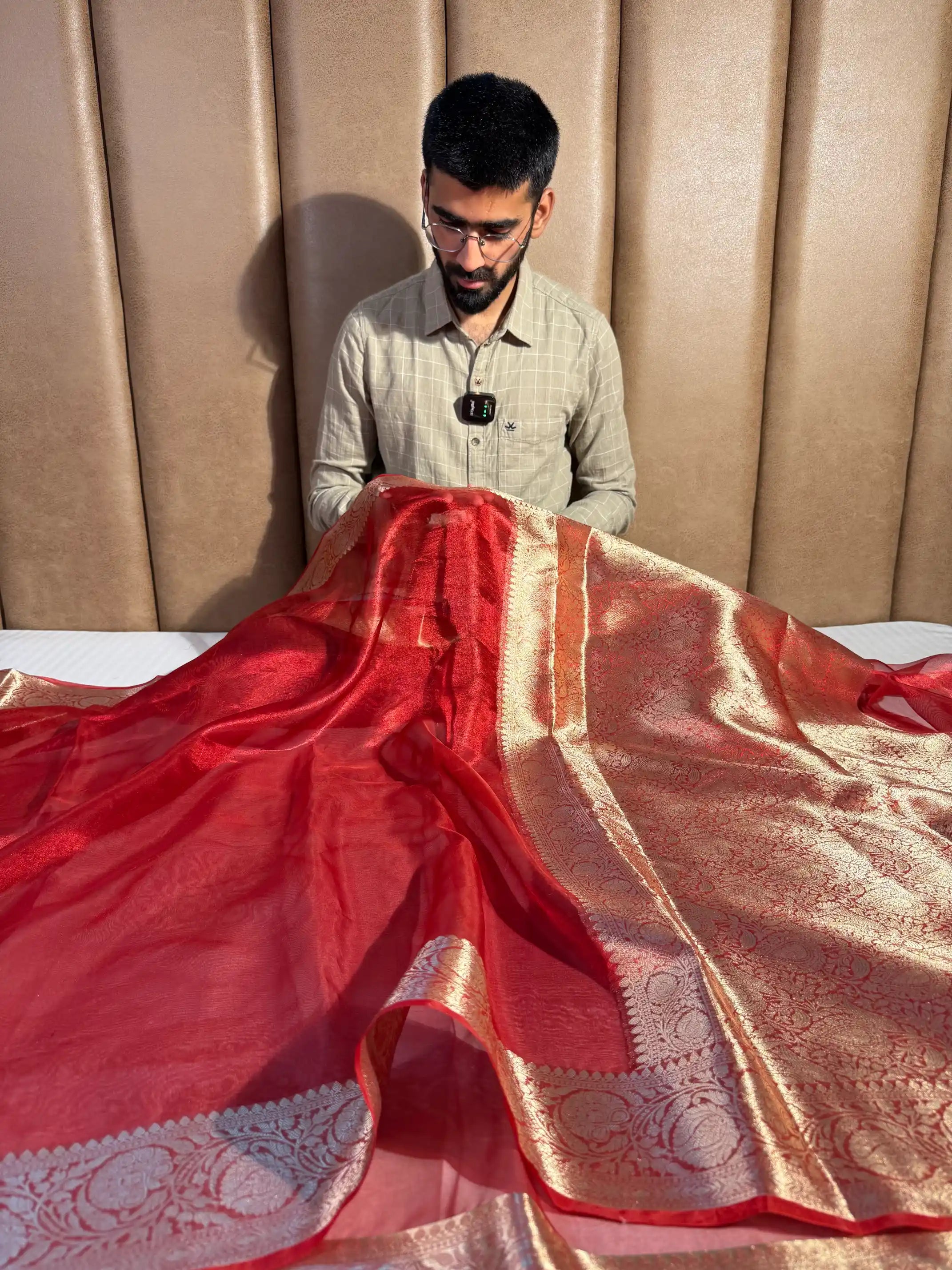 Carmine Red Pure Tissue Silk Border Saree