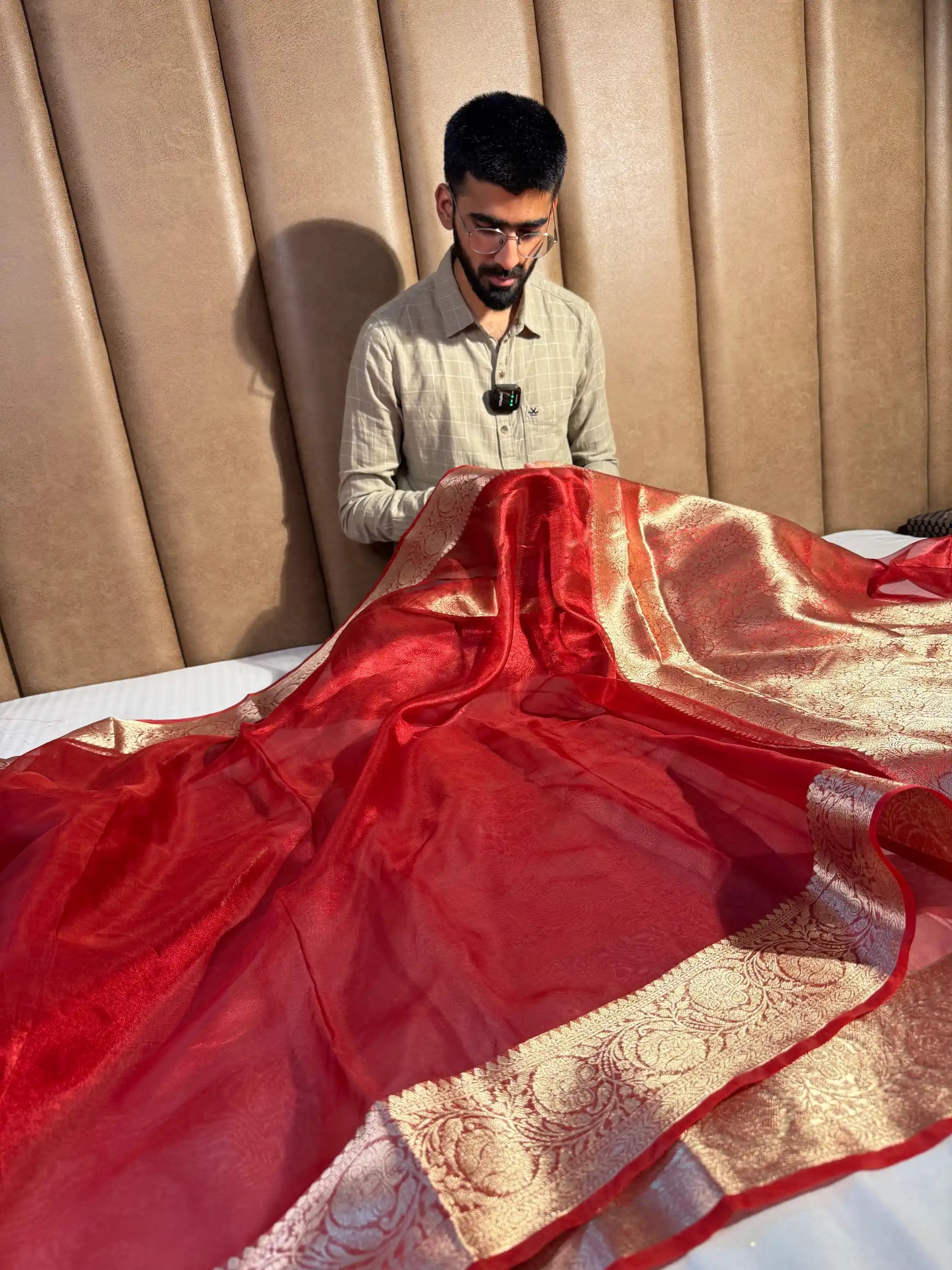 Carmine Red Pure Tissue Silk Border Saree