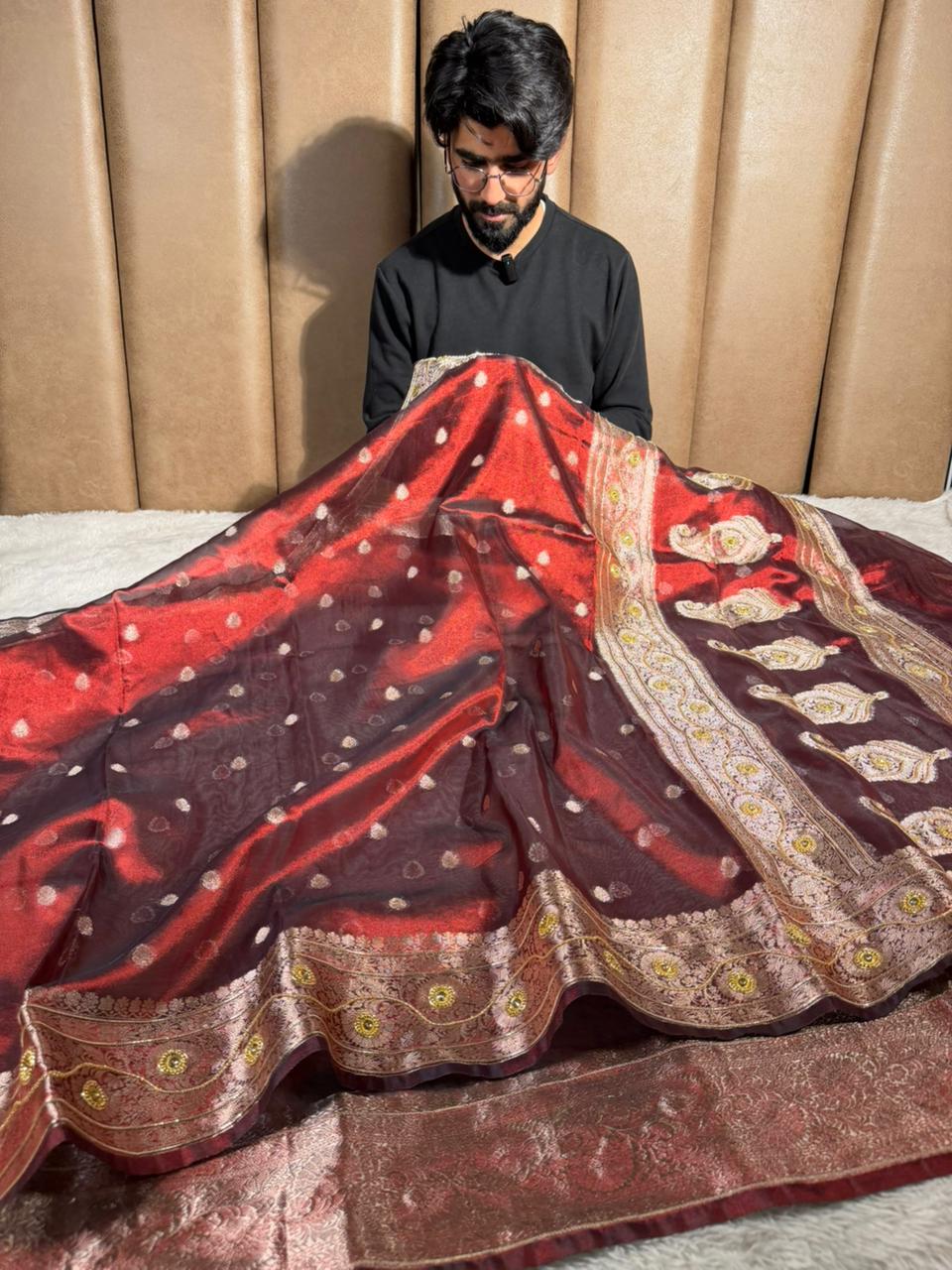 Carmine maroon Kora tissue premium handwork saree