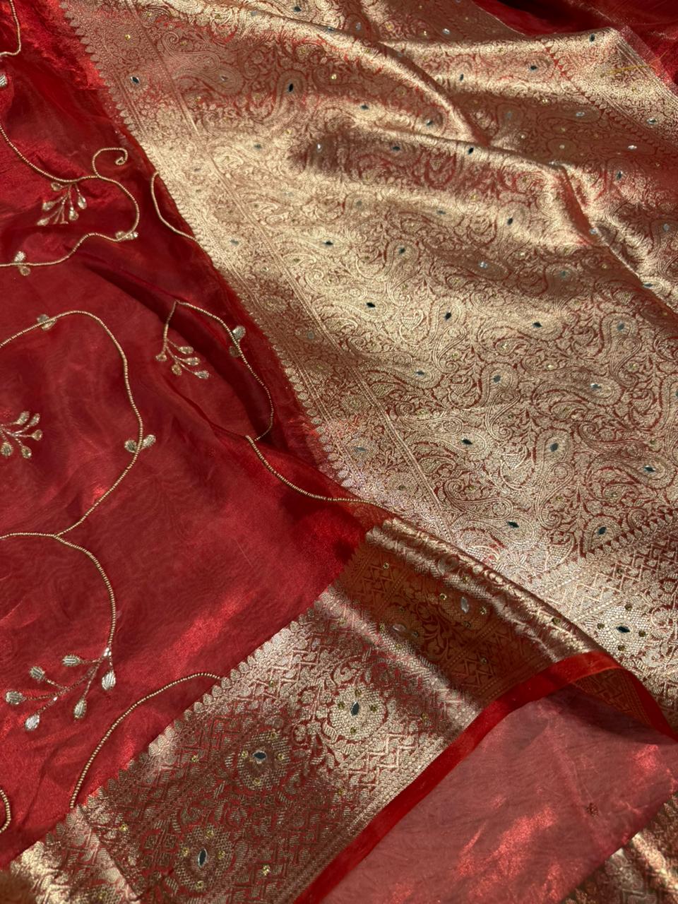 Carmine red pure tissue silk premium handwork saree