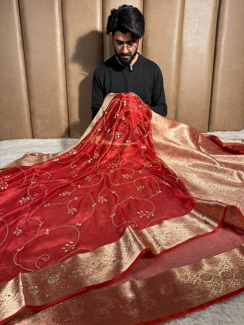 Carmine red pure tissue silk premium handwork saree