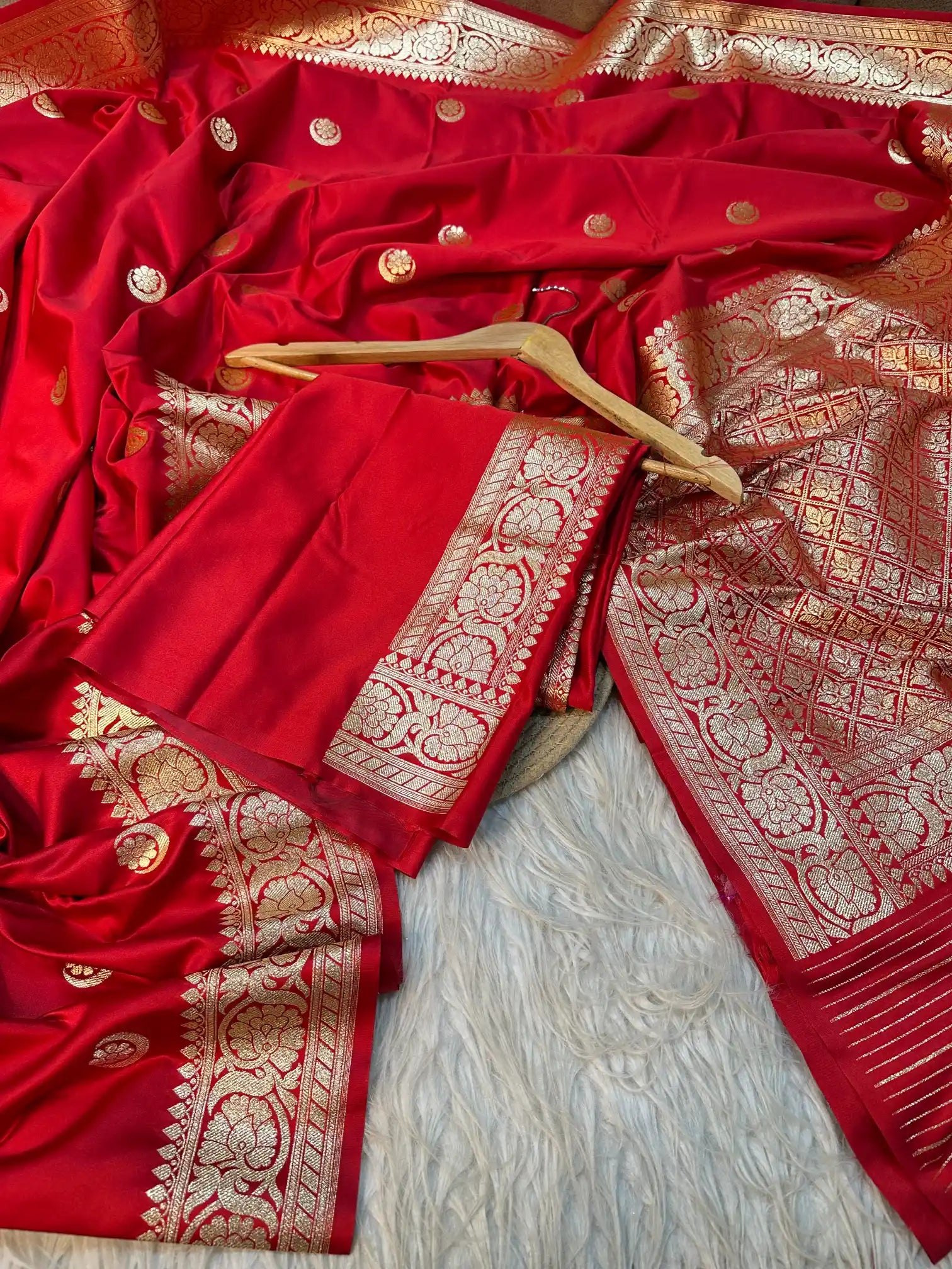 Centuries Old Heritage Banarasi Chand Tara Design Weave with Golden Zari in Eccentric Satin Katan Silk Exclusive Banarasi Saree