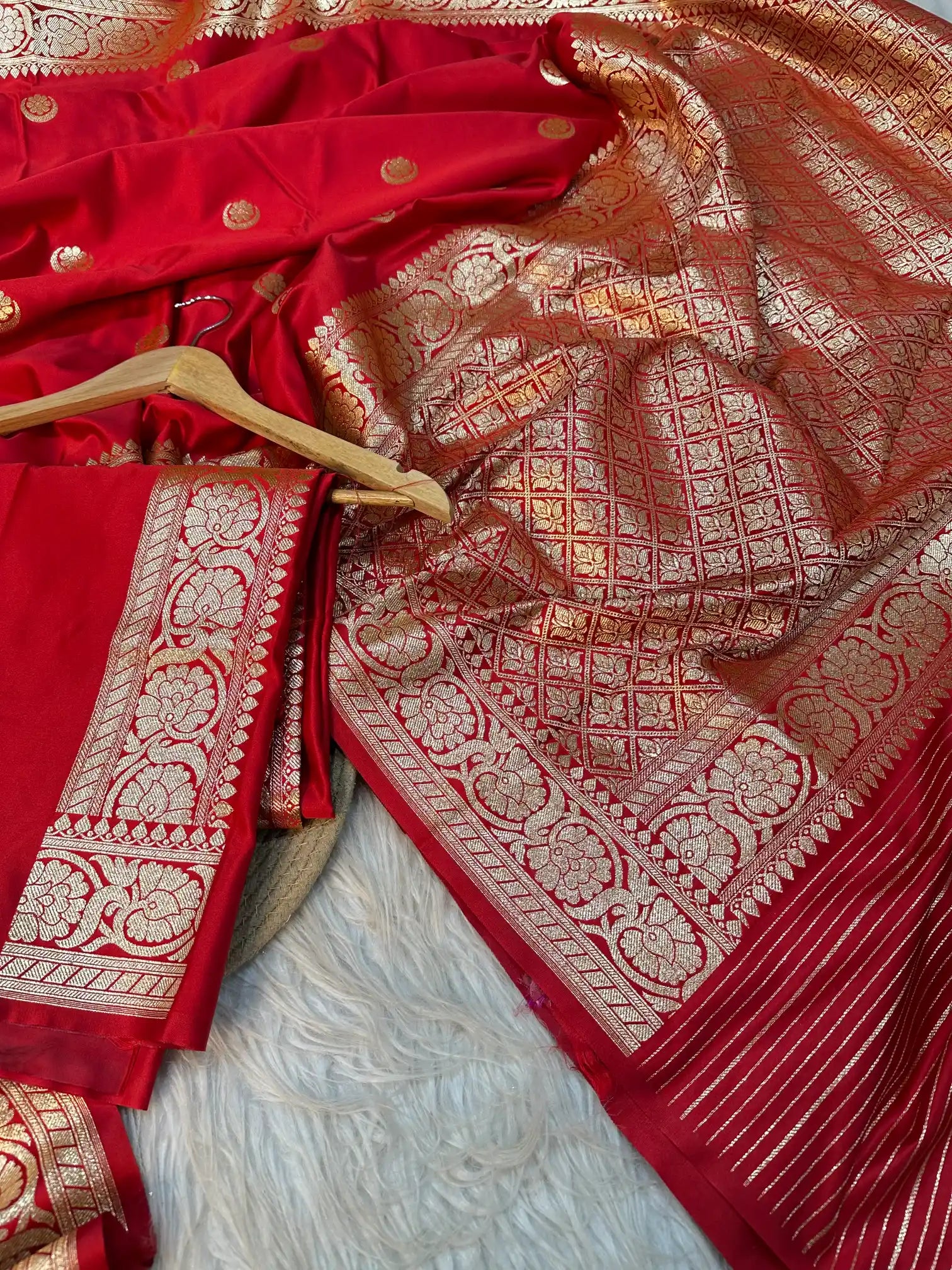 Centuries Old Heritage Banarasi Chand Tara Design Weave with Golden Zari in Eccentric Satin Katan Silk Exclusive Banarasi Saree