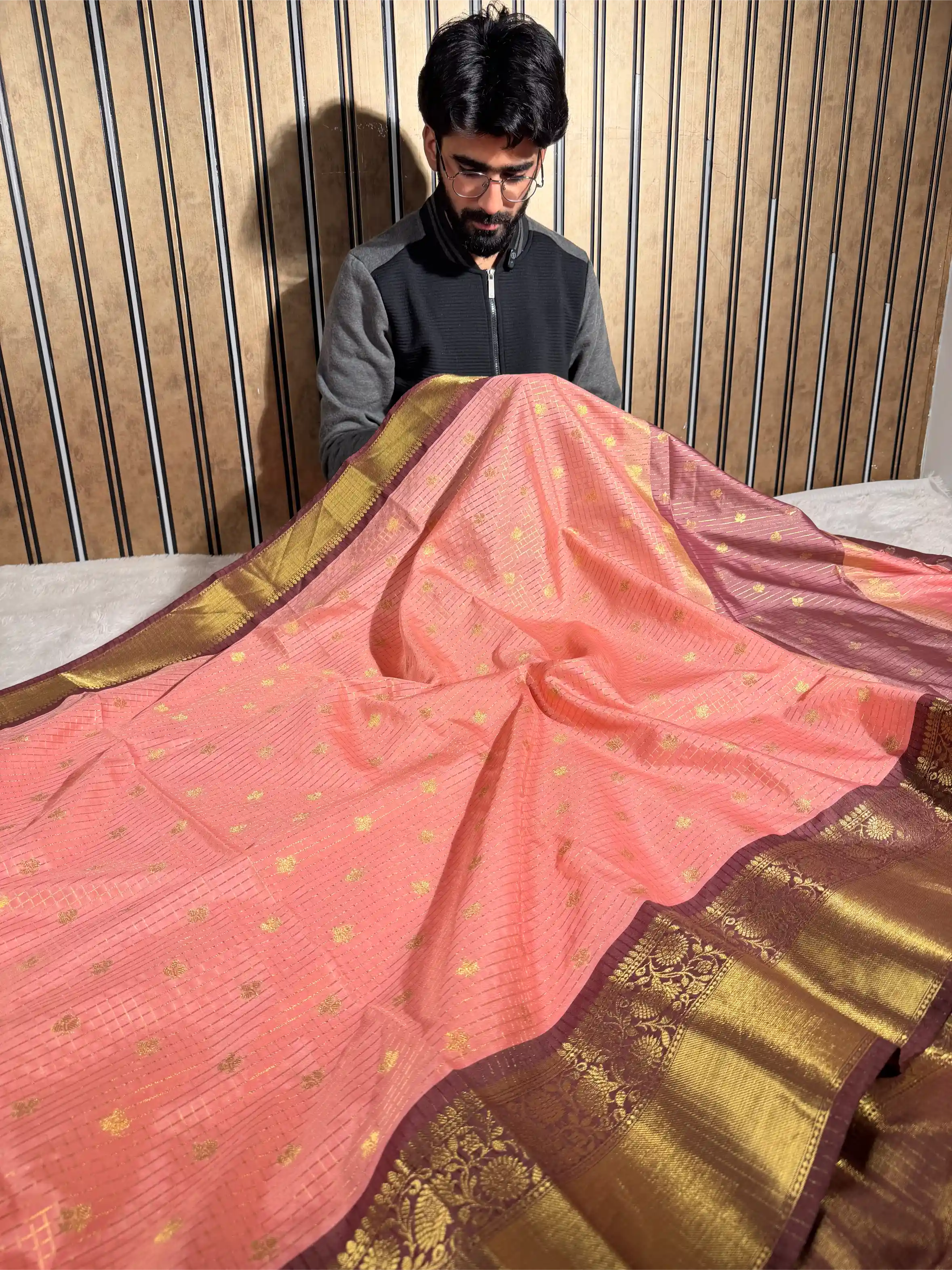 Cherry Peach Kanchi Silk Maheshwari Checks Banarasi Saree