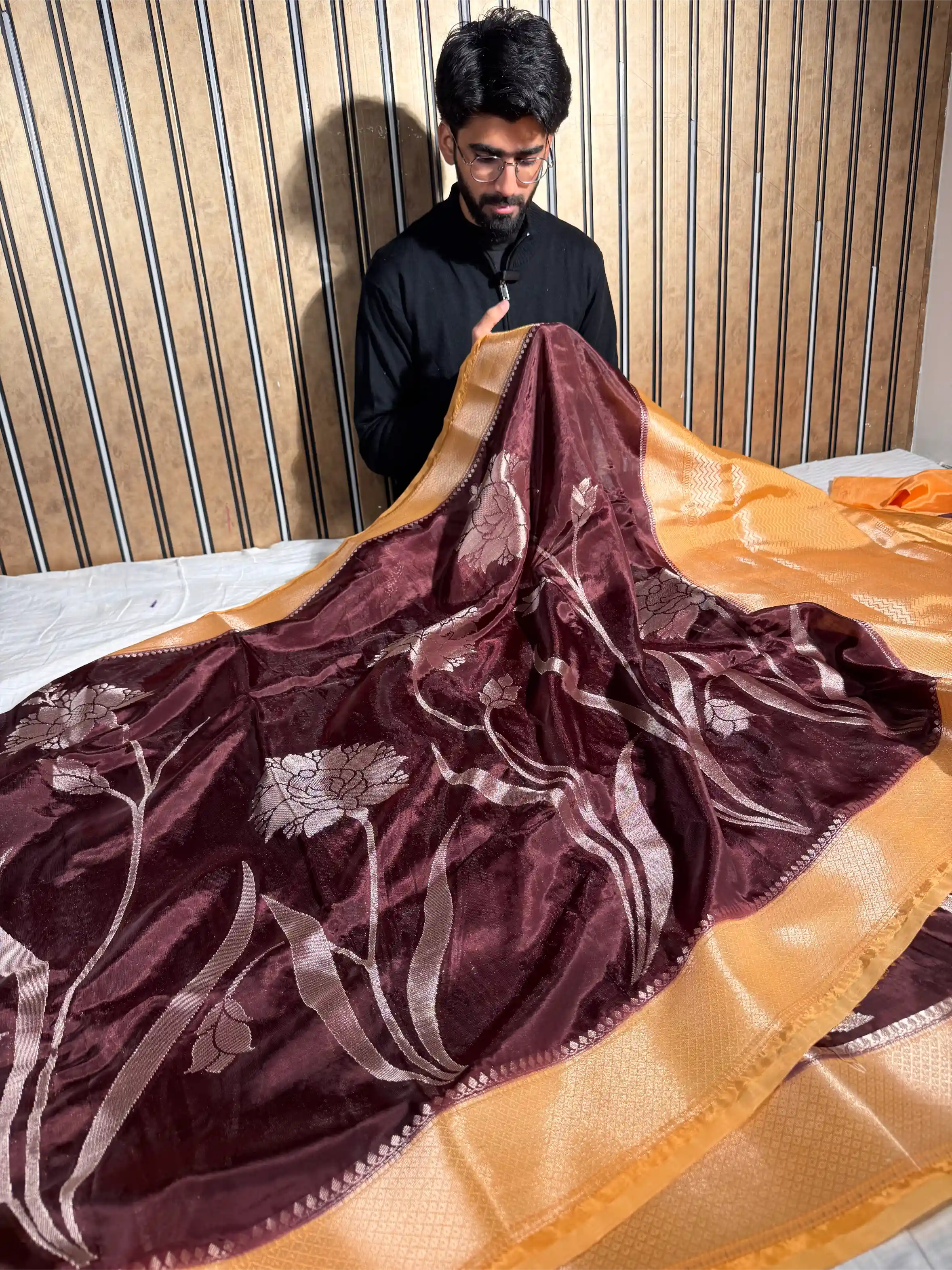 Chocolate Brown Banana Silk Heritage Weave Banarasi saree