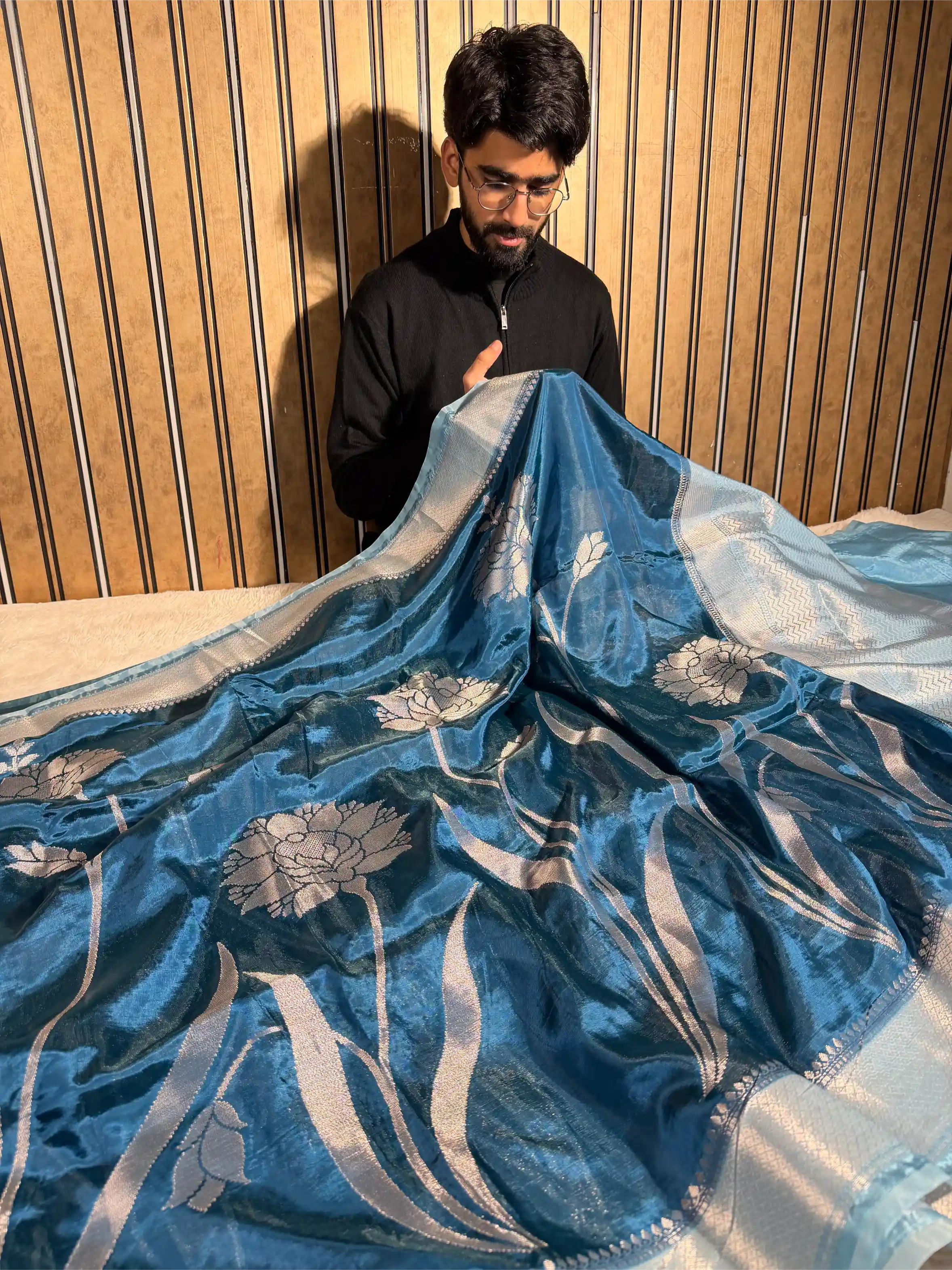 Cobalt Blue Banana Silk Heritage Weave Banarasi Saree