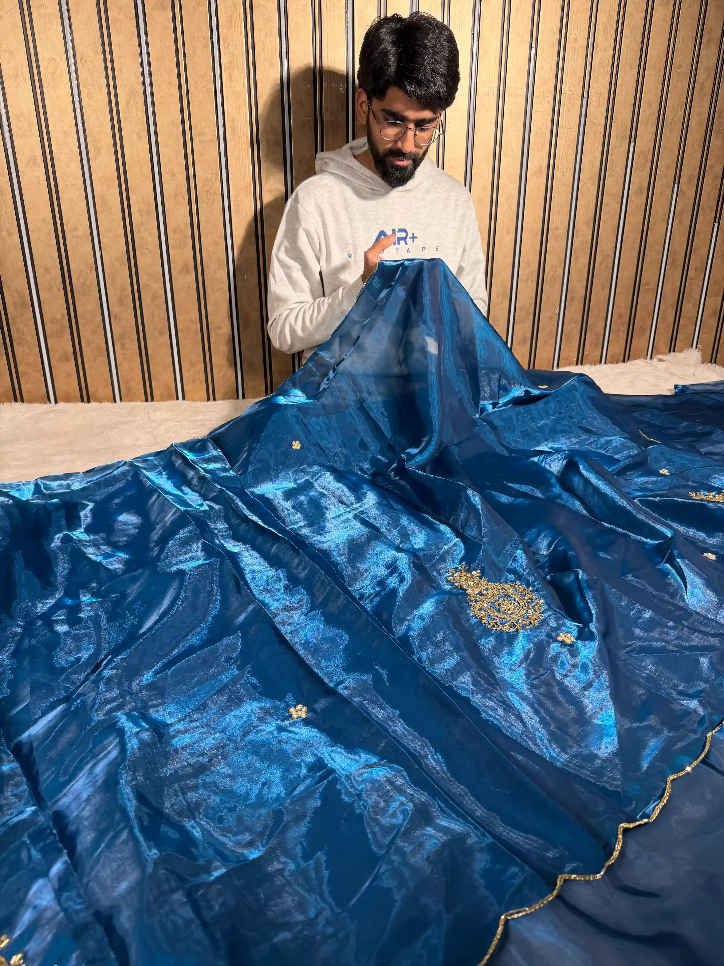 Cobalt Blue Shimmery Tissue Silk Handwork Saree