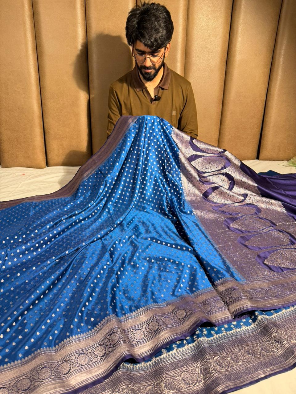 Cobalt blue Mashru katan silk eccentric Banarasi Saree