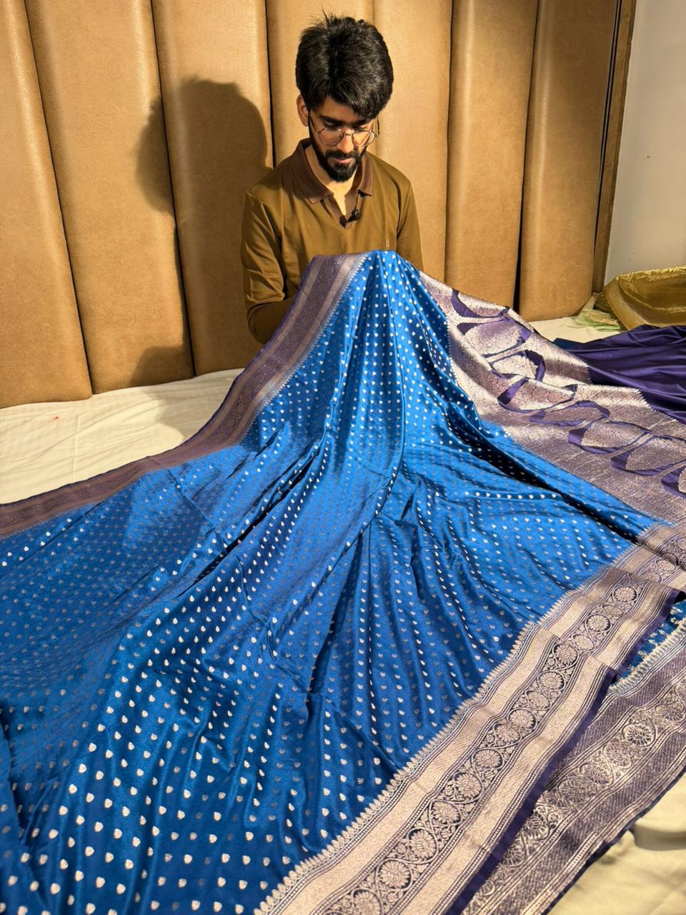 Cobalt blue Mashru katan silk eccentric Banarasi Saree