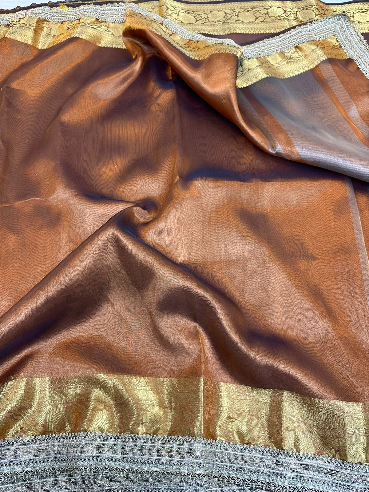Coffee Brown Tissue Silk Lace Attached Banarasi Saree