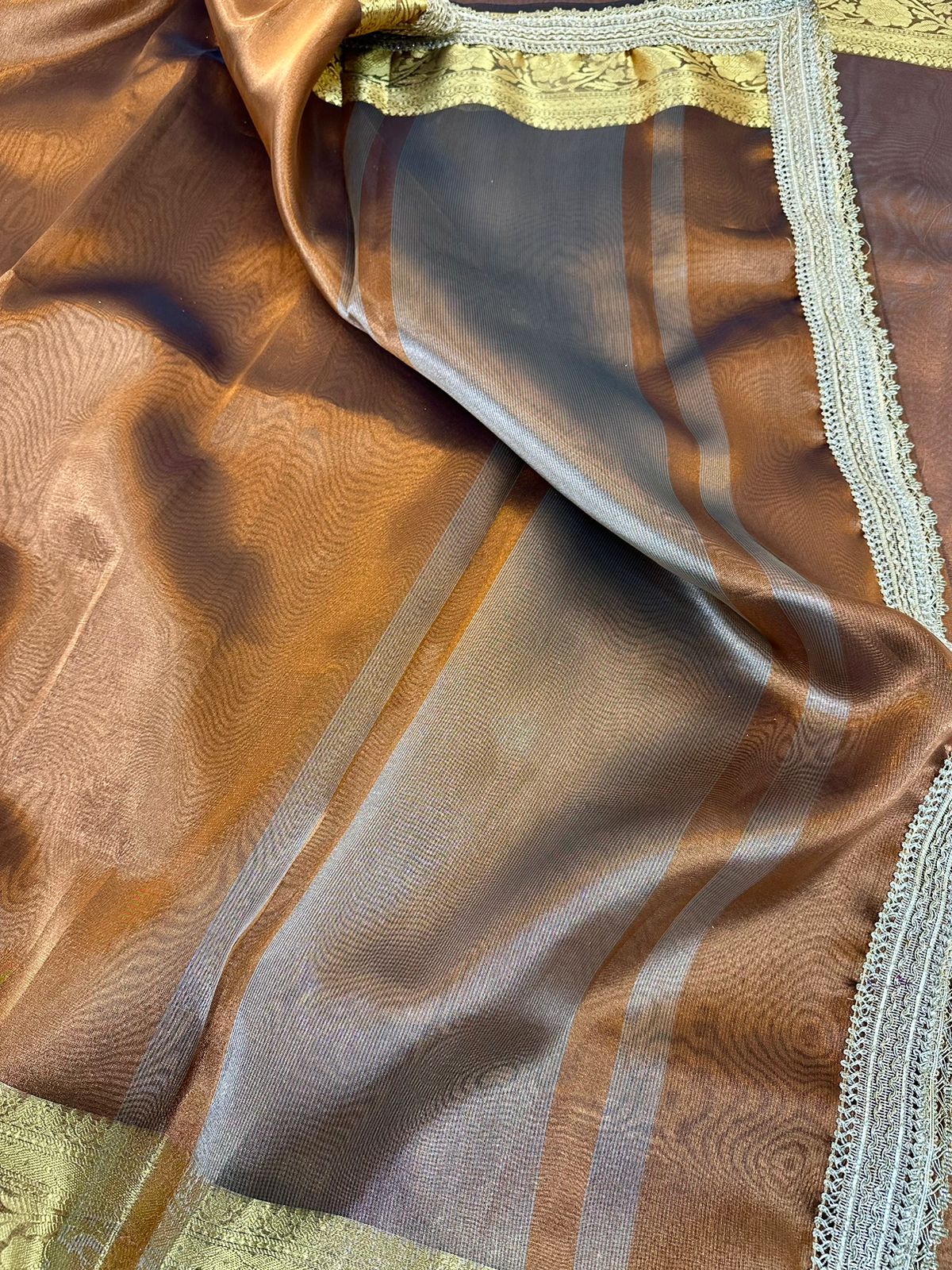 Coffee Brown Tissue Silk Lace Attached Banarasi Saree