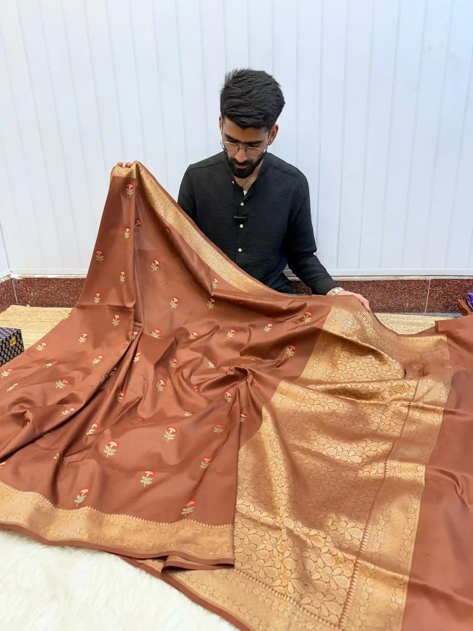 Coffee Brown Kadhua Inspired Pure Katan Silk Saree