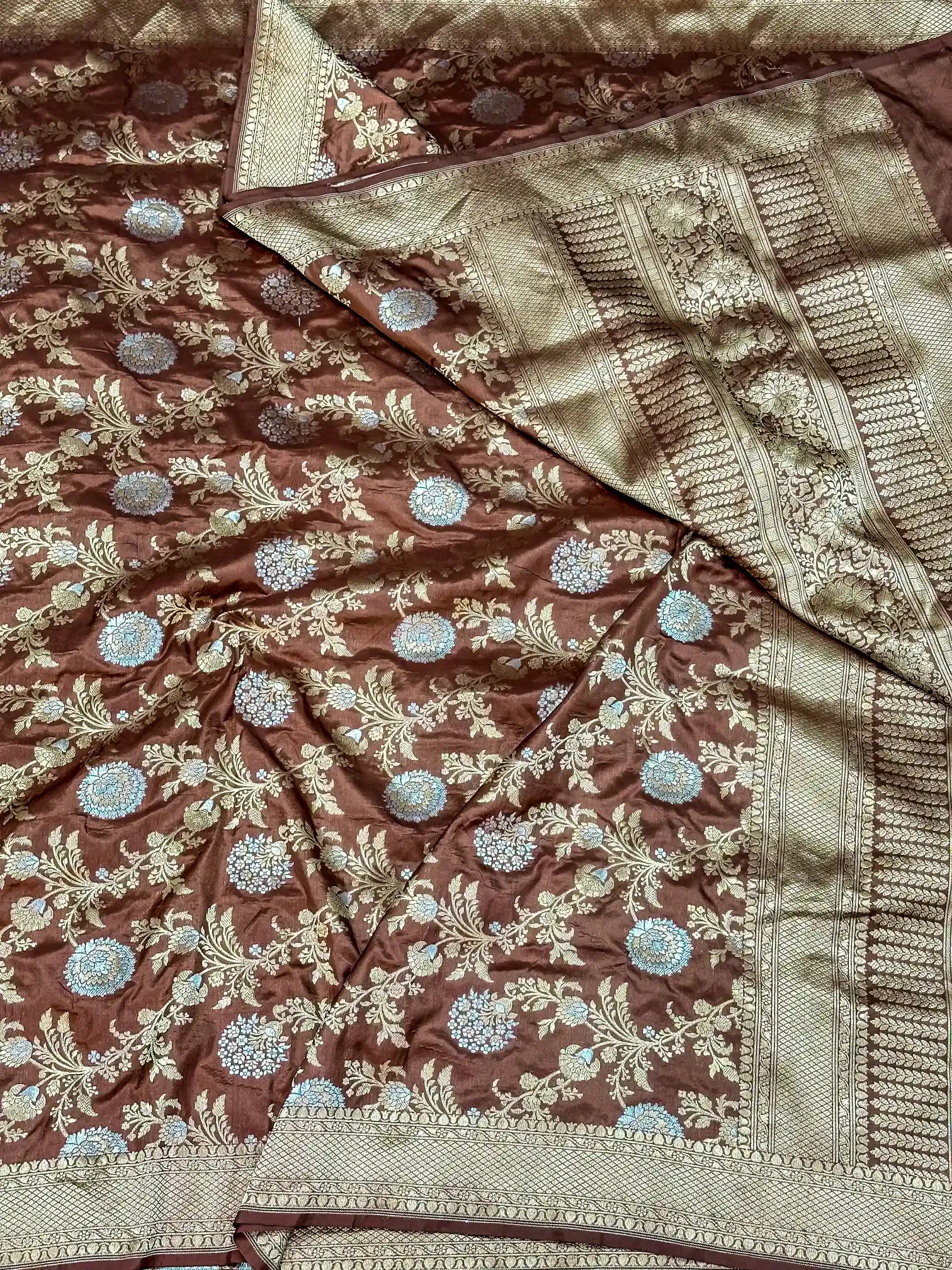 Coffee Brown Silver Zari Weave Pure Katan Silk Saree