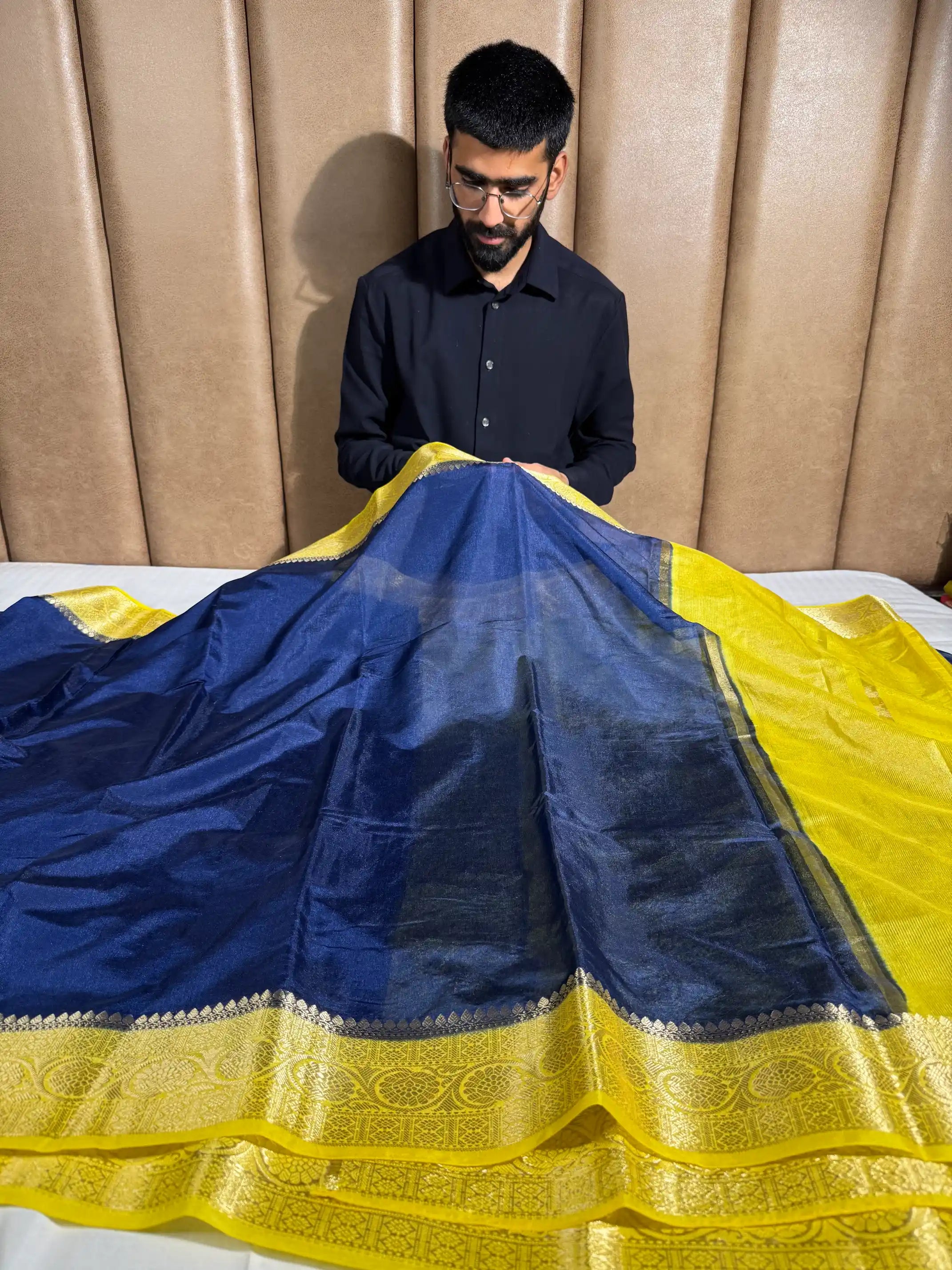 Contrast Navy Blue Mysore Crepe Silk Banarasi Saree