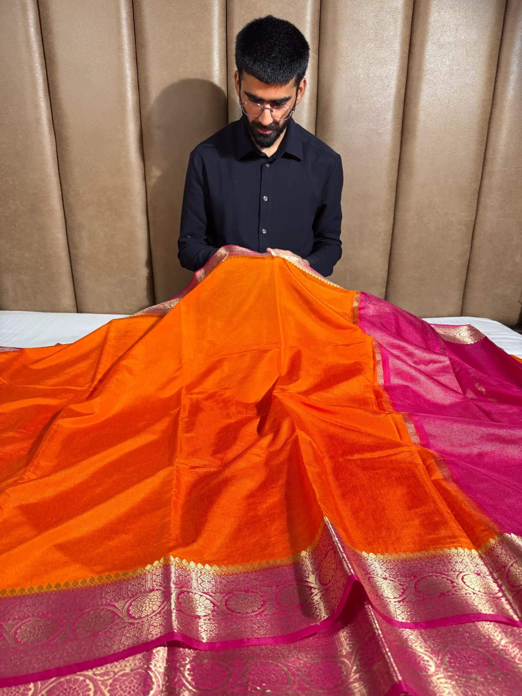Contrast Orange Mysore Crepe Silk Banarasi Saree
