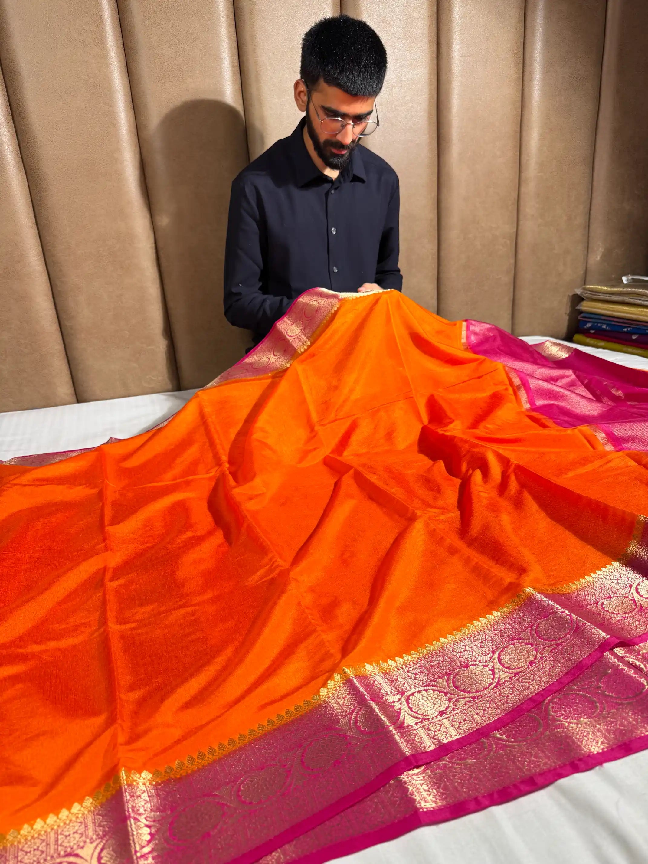 Contrast Orange Mysore Crepe Silk Banarasi Saree