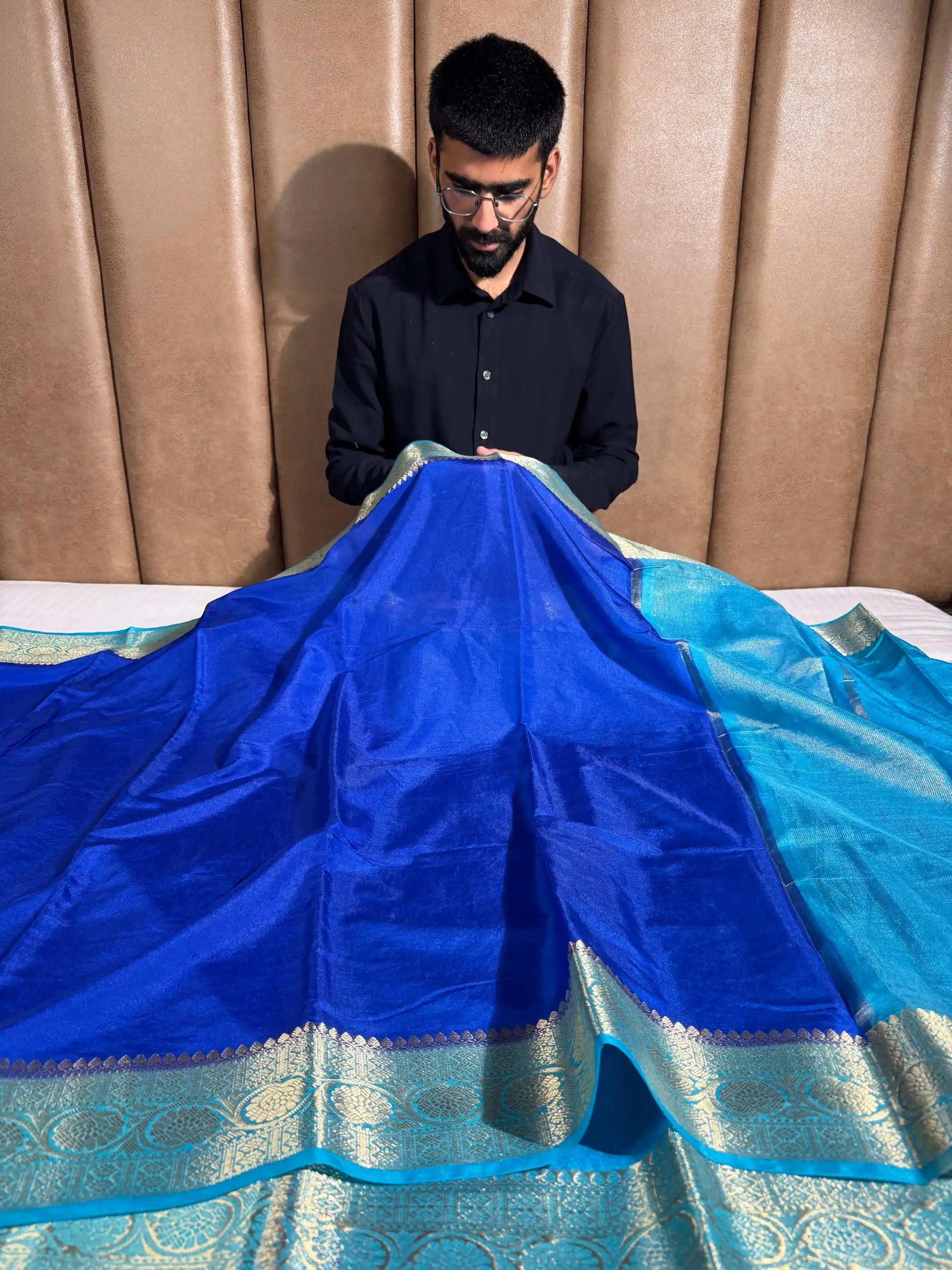 Contrast Royal Blue Mysore Crepe Silk Banarasi Saree