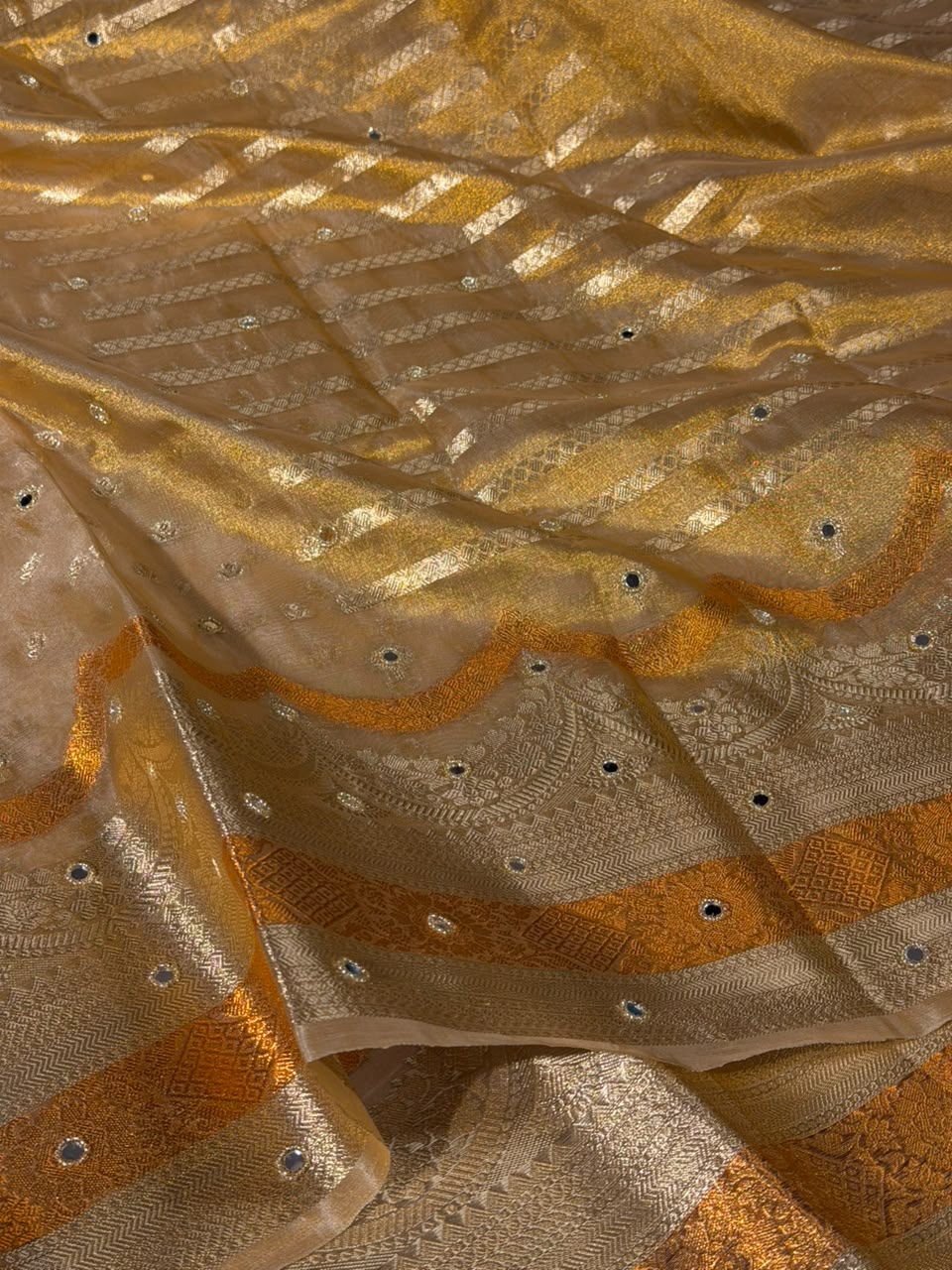 Copper Gold Kora Tissue Silk Mirror Work Saree