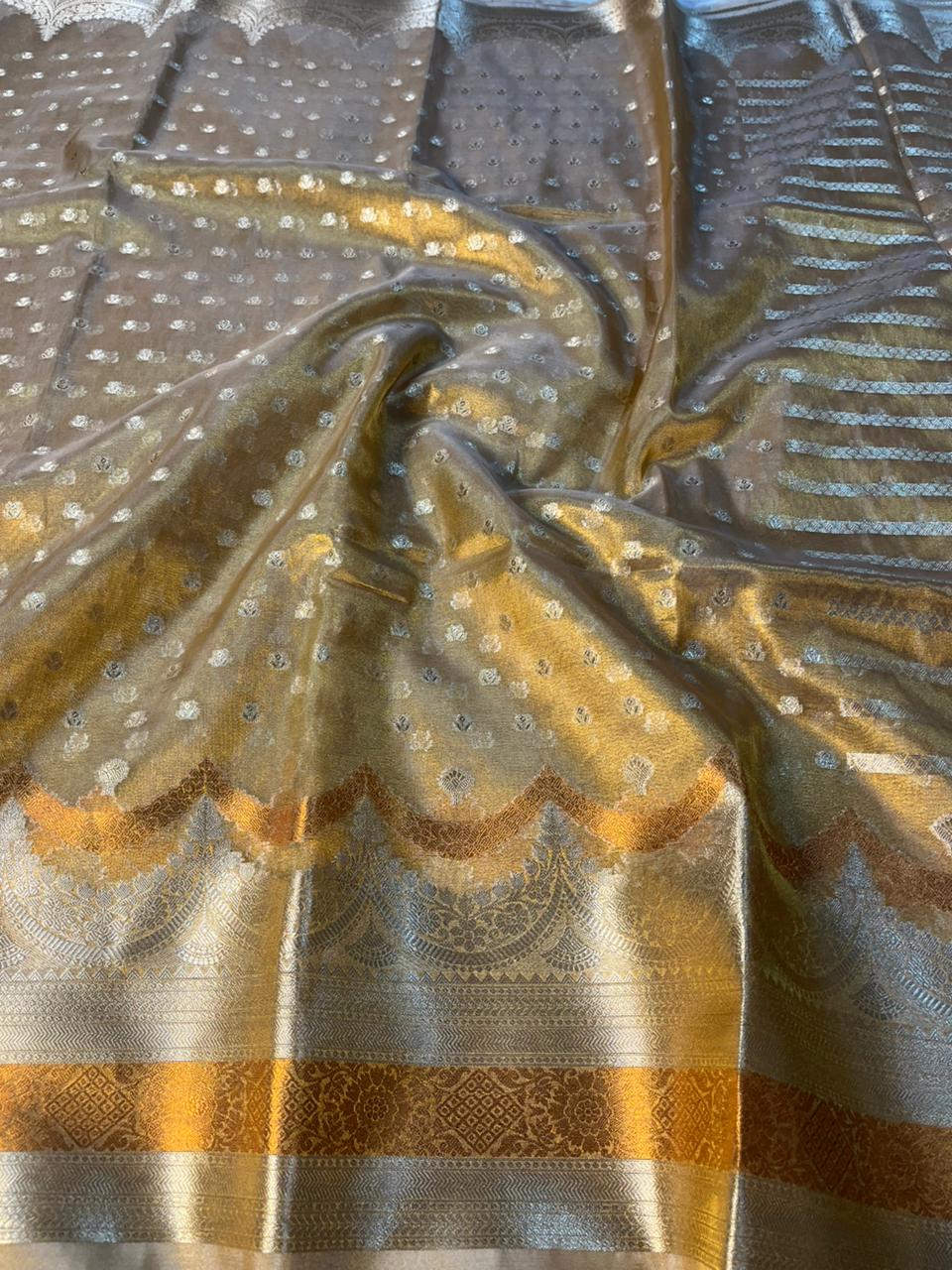 Copper Tissue Silk Buti Work Banarasi Saree