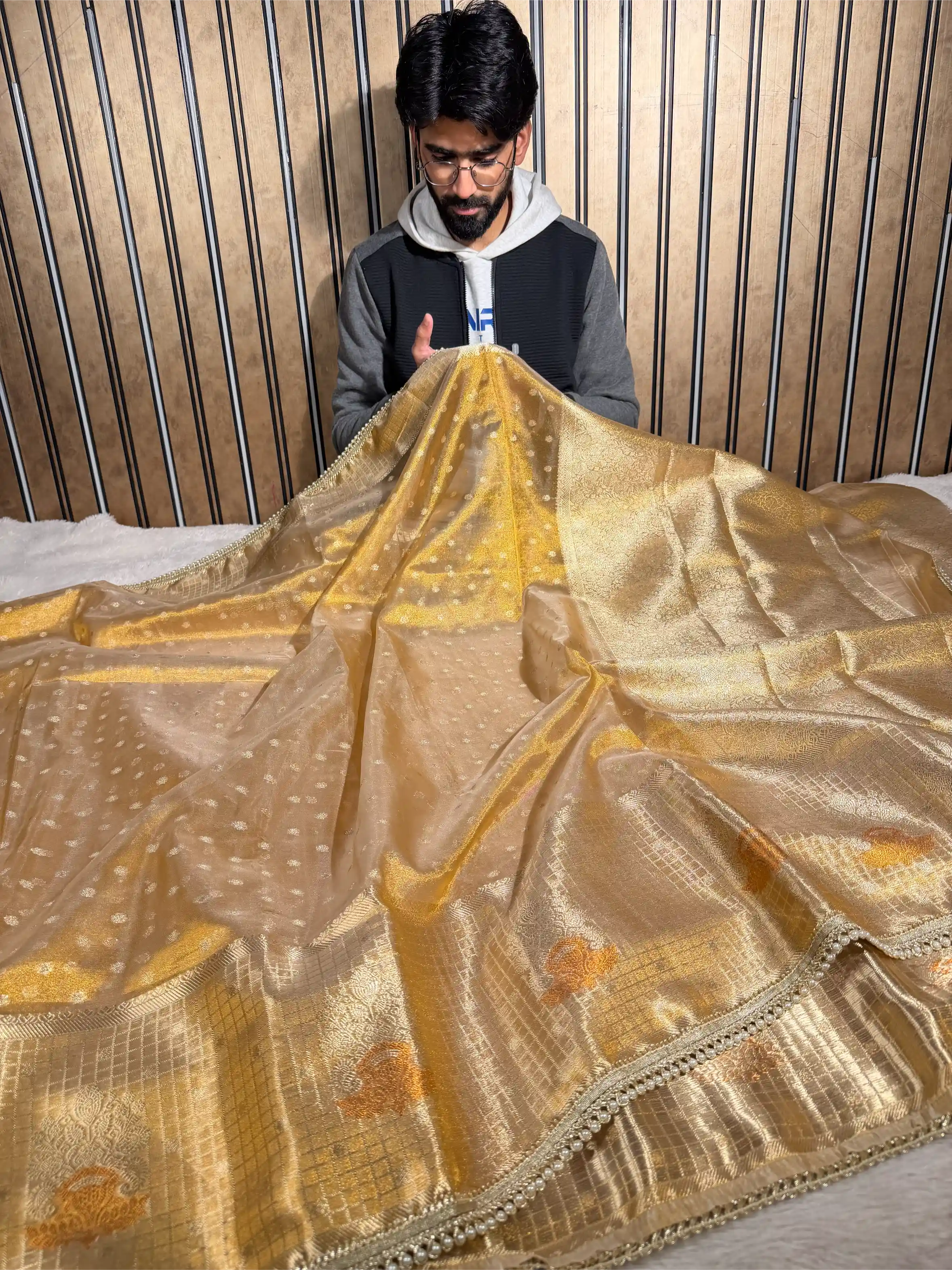 Copper Tissue Silk Checked Border Designer Banarasi Saree