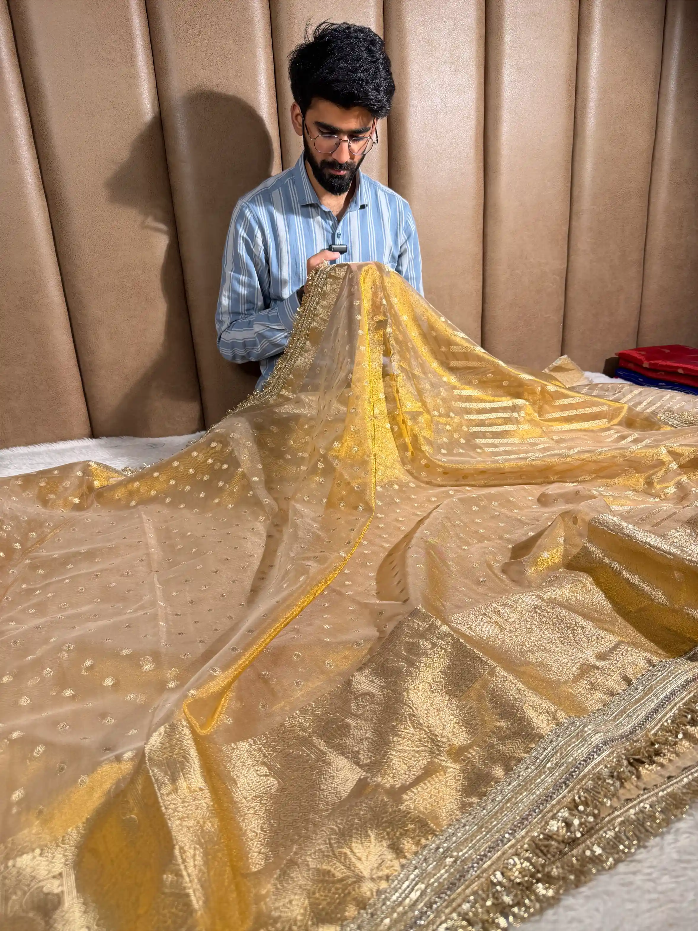 Copper Tissue Silk Eccentric Designer Lace Work Banarasi Saree