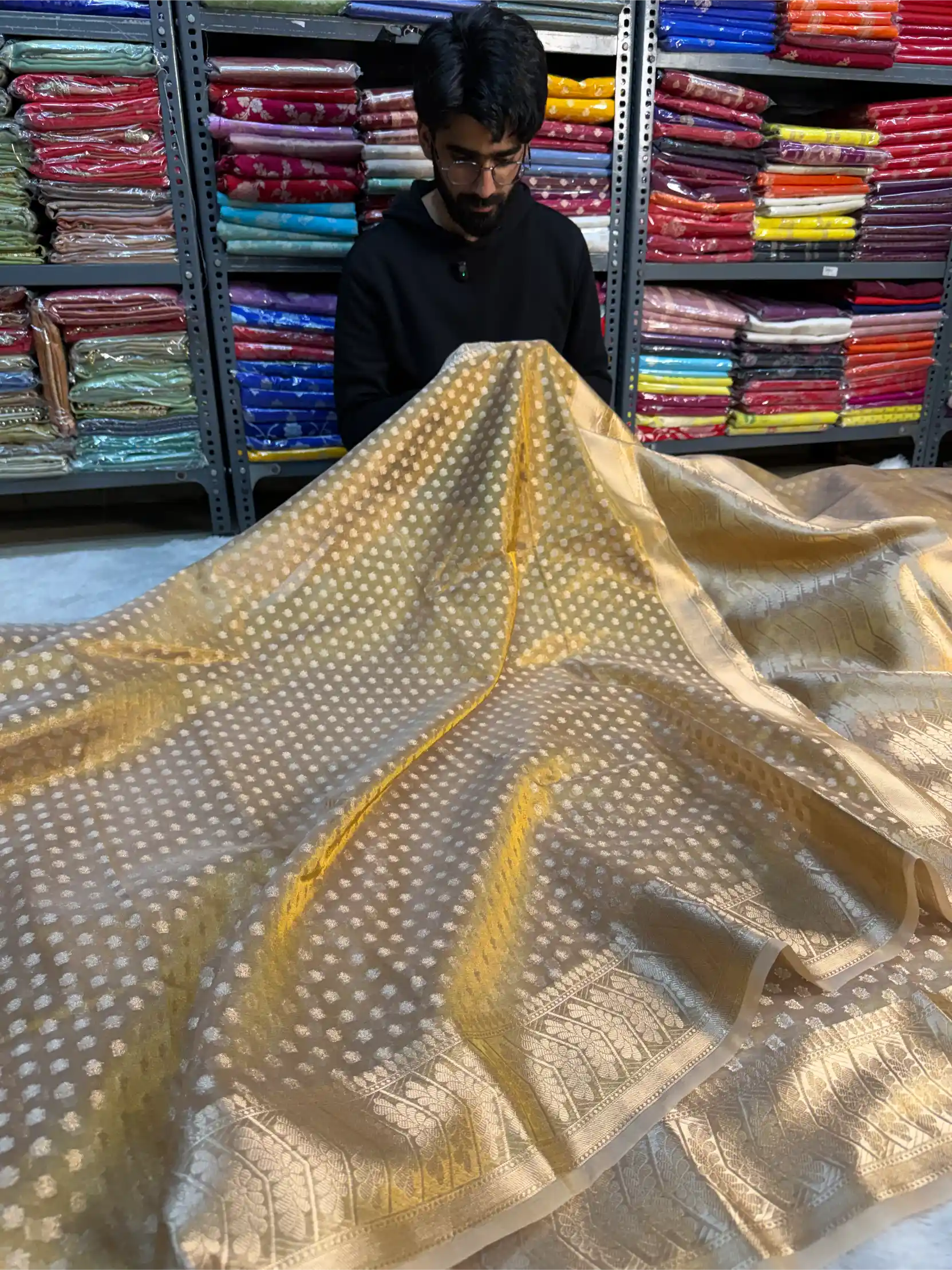 Copper Tissue Silk Khaddi Buti Banarasi Saree