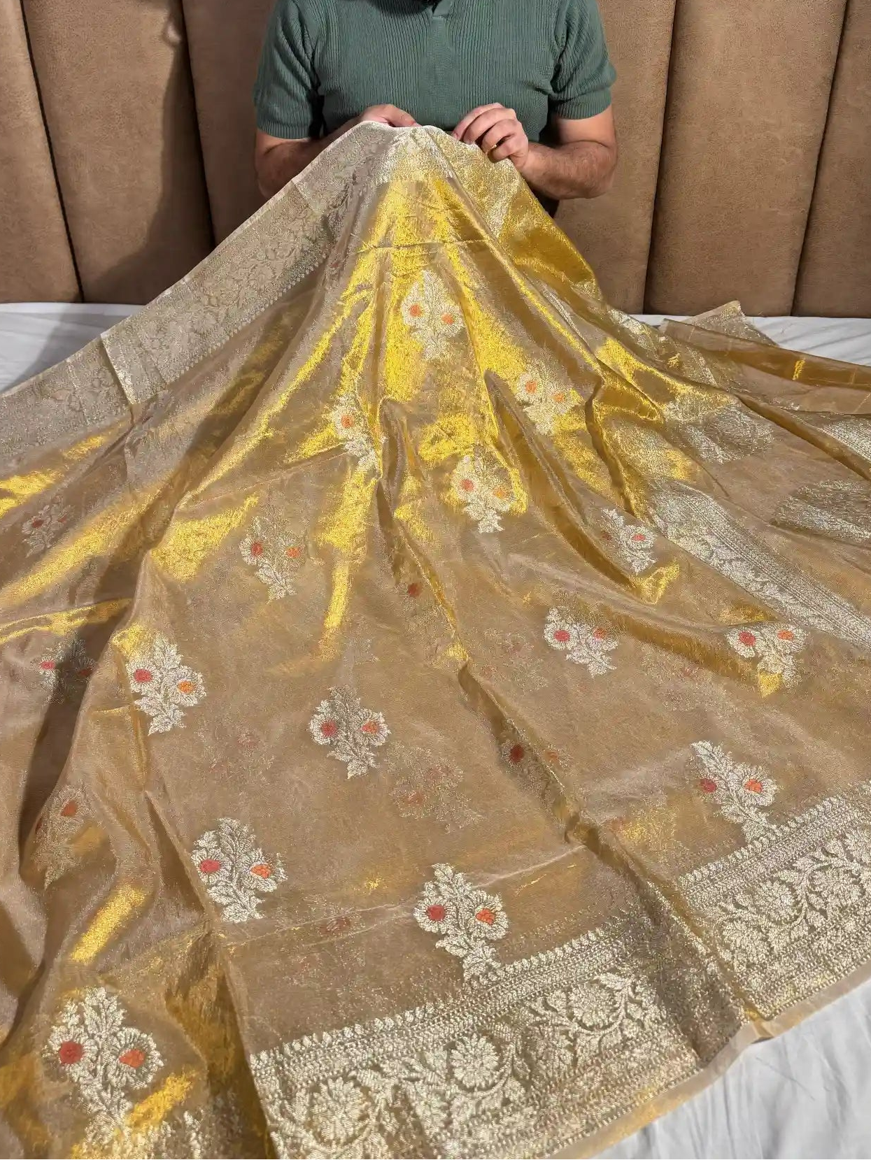 Copper Tissue Silk Meenkari Saree with rich pallu and blouse