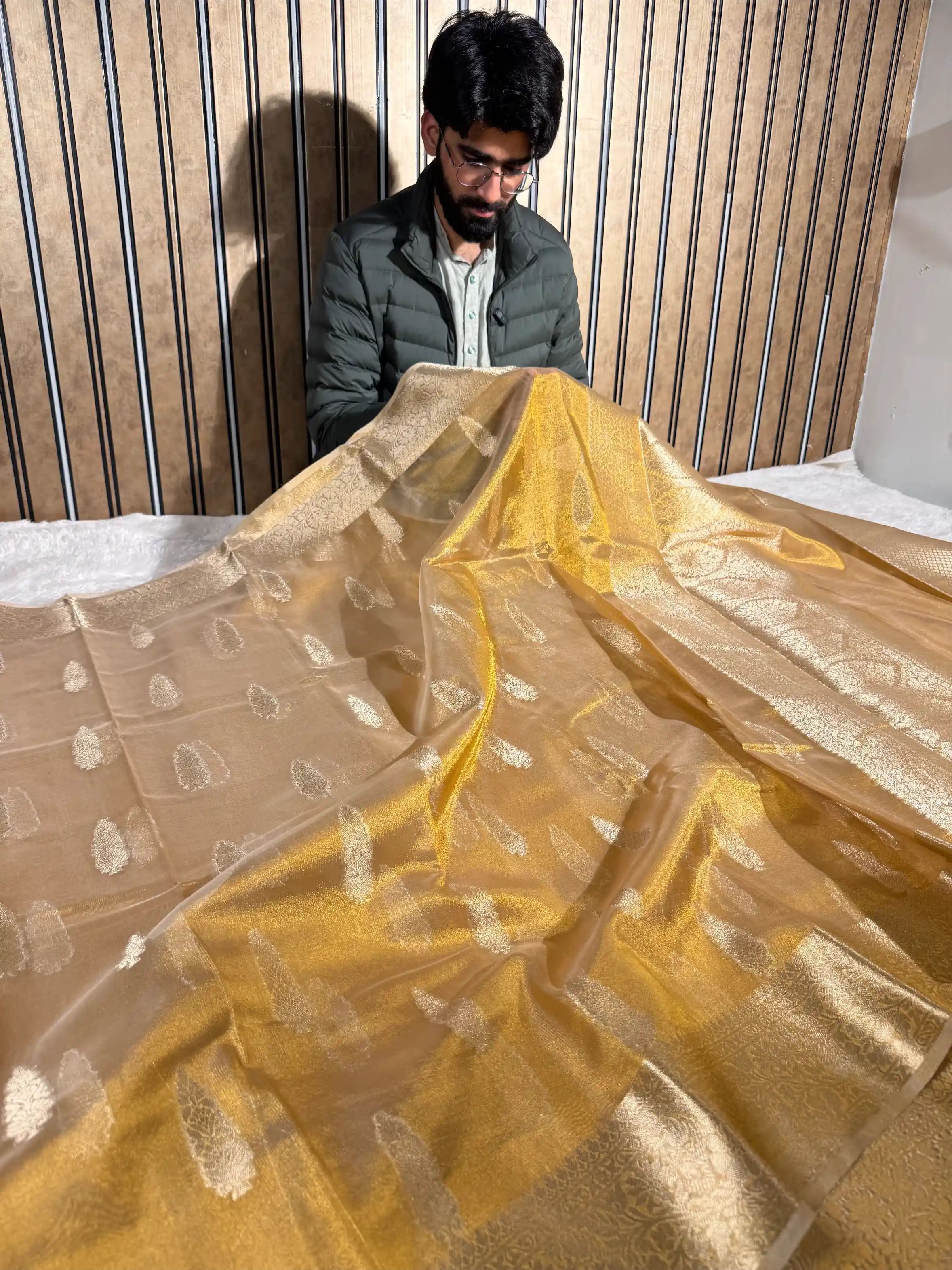 Copper Tissue Silk Traditional Buta Pattern Banarasi Saree