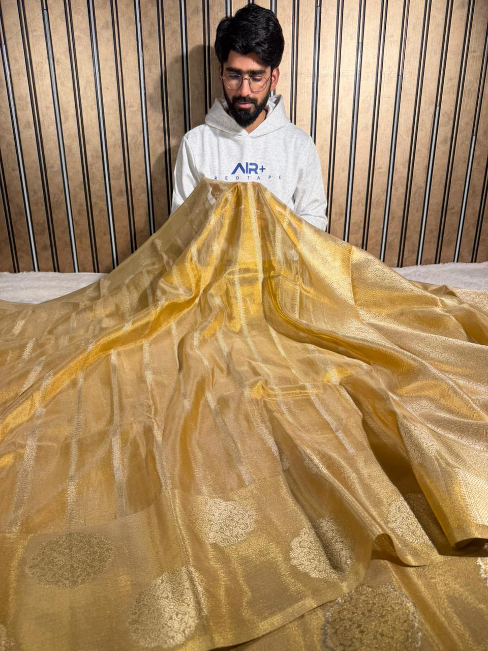 Copper Tissue Silk Heritage Stripe Weave Banarasi Saree