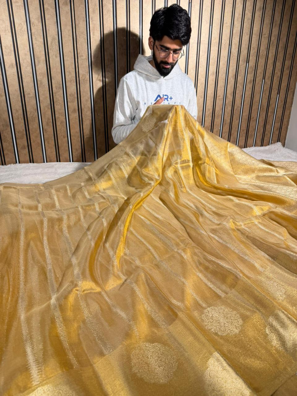 Copper Tissue Silk Heritage Stripe Weave Banarasi Saree