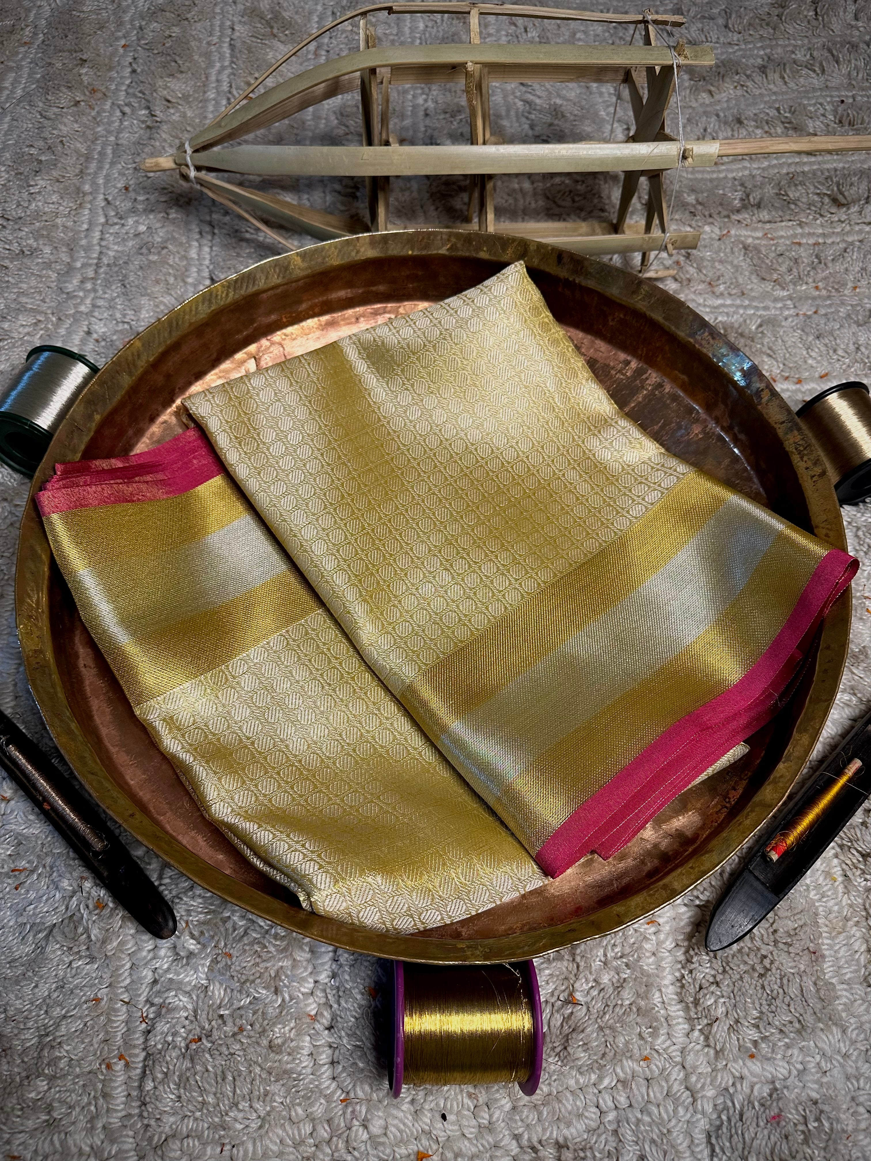 Cream Gold Kanjivaram Embossed Tissue Saree