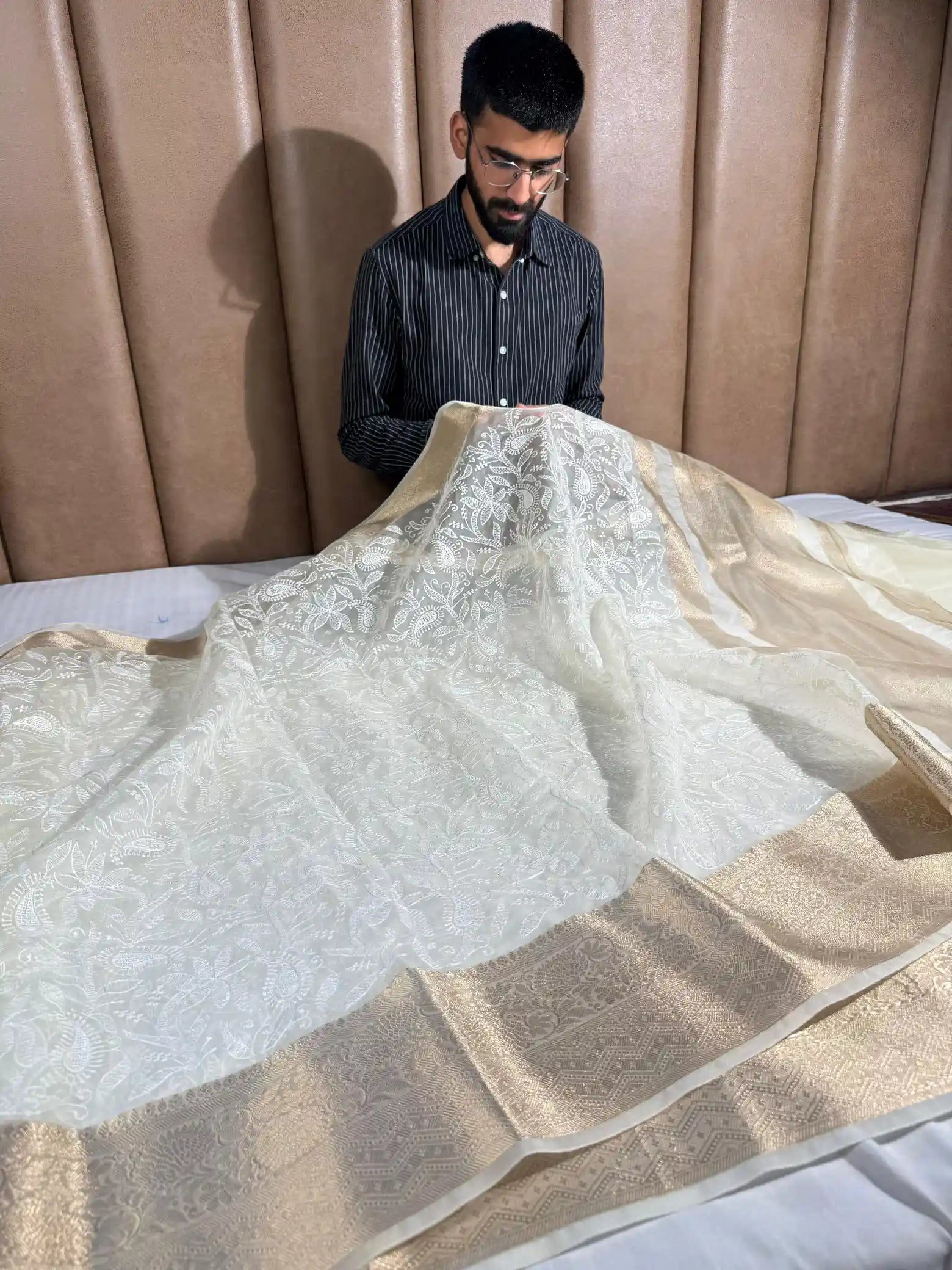 Cream Organza Silk Banarasi Chikankari Saree
