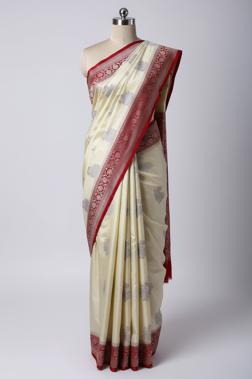 Cream Shade Mashru Katan Silk Silver Meena Buta Banarasi Saree