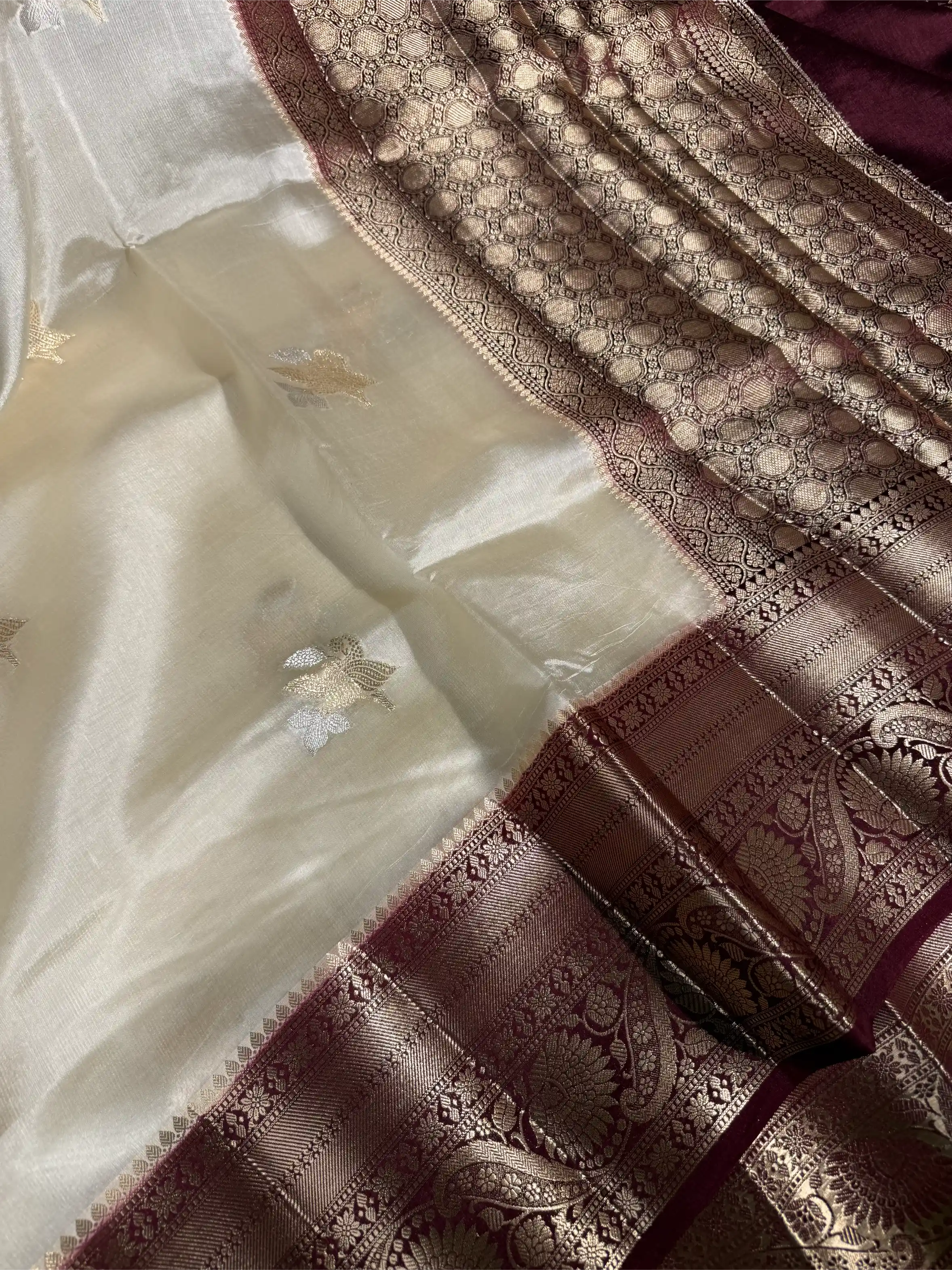 Cream Wine Mango Katan Silk Traditional Banarasi Saree