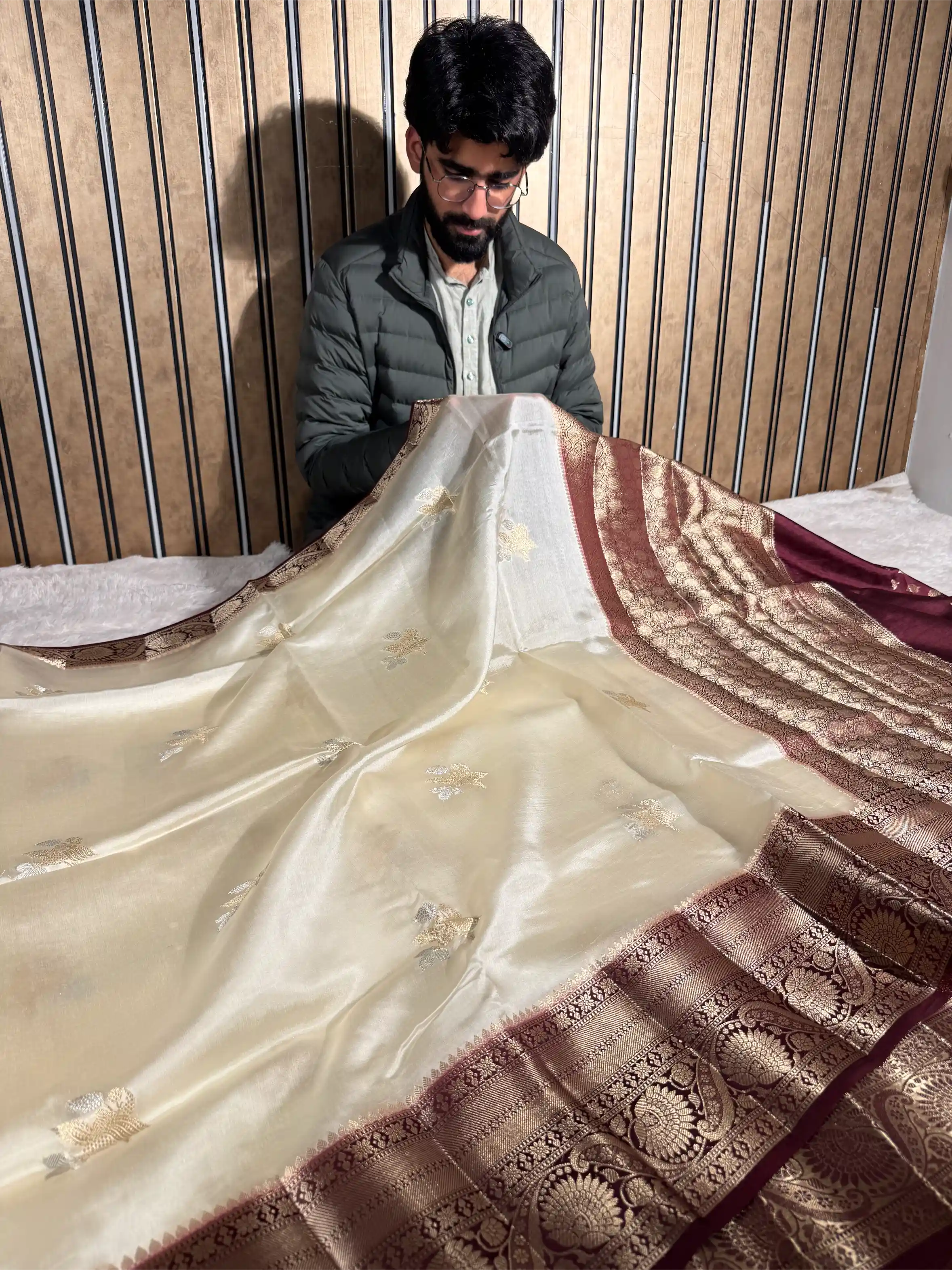 Cream Wine Mango Katan Silk Traditional Banarasi Saree